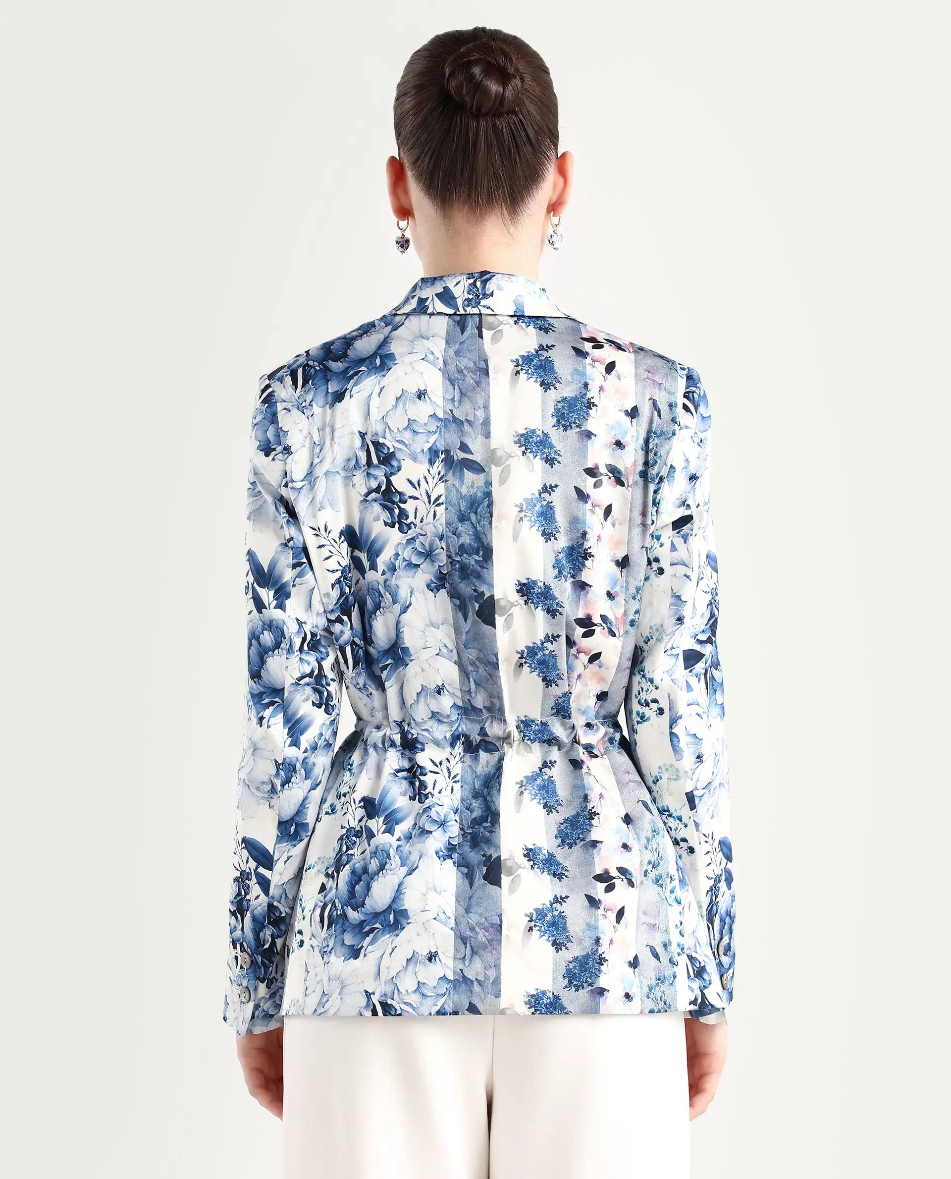 Rareism Women's Shabella Blue Polyester Lapel Neck Floral Print Tailored Blazer