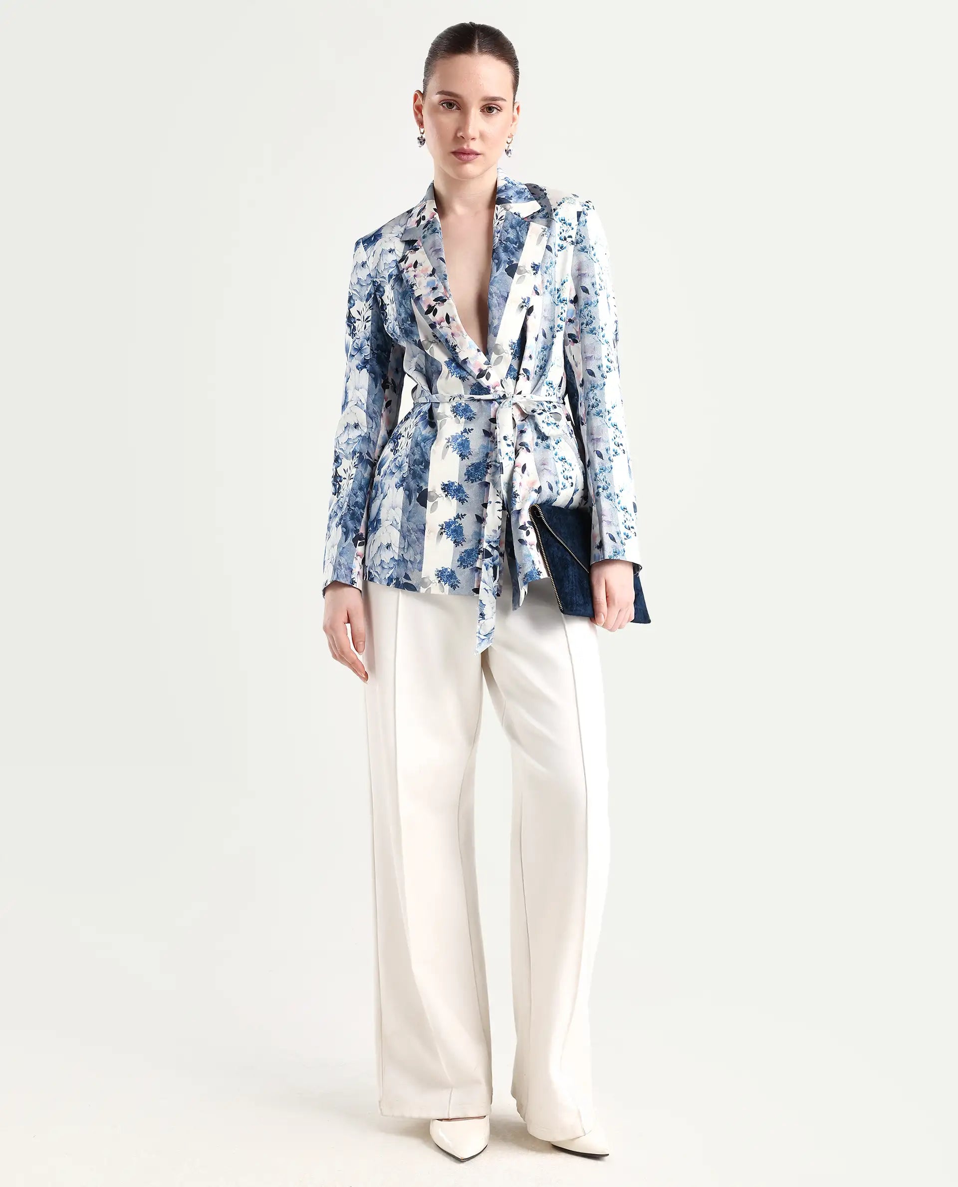 Rareism Women's Shabella Blue Polyester Lapel Neck Floral Print Tailored Blazer