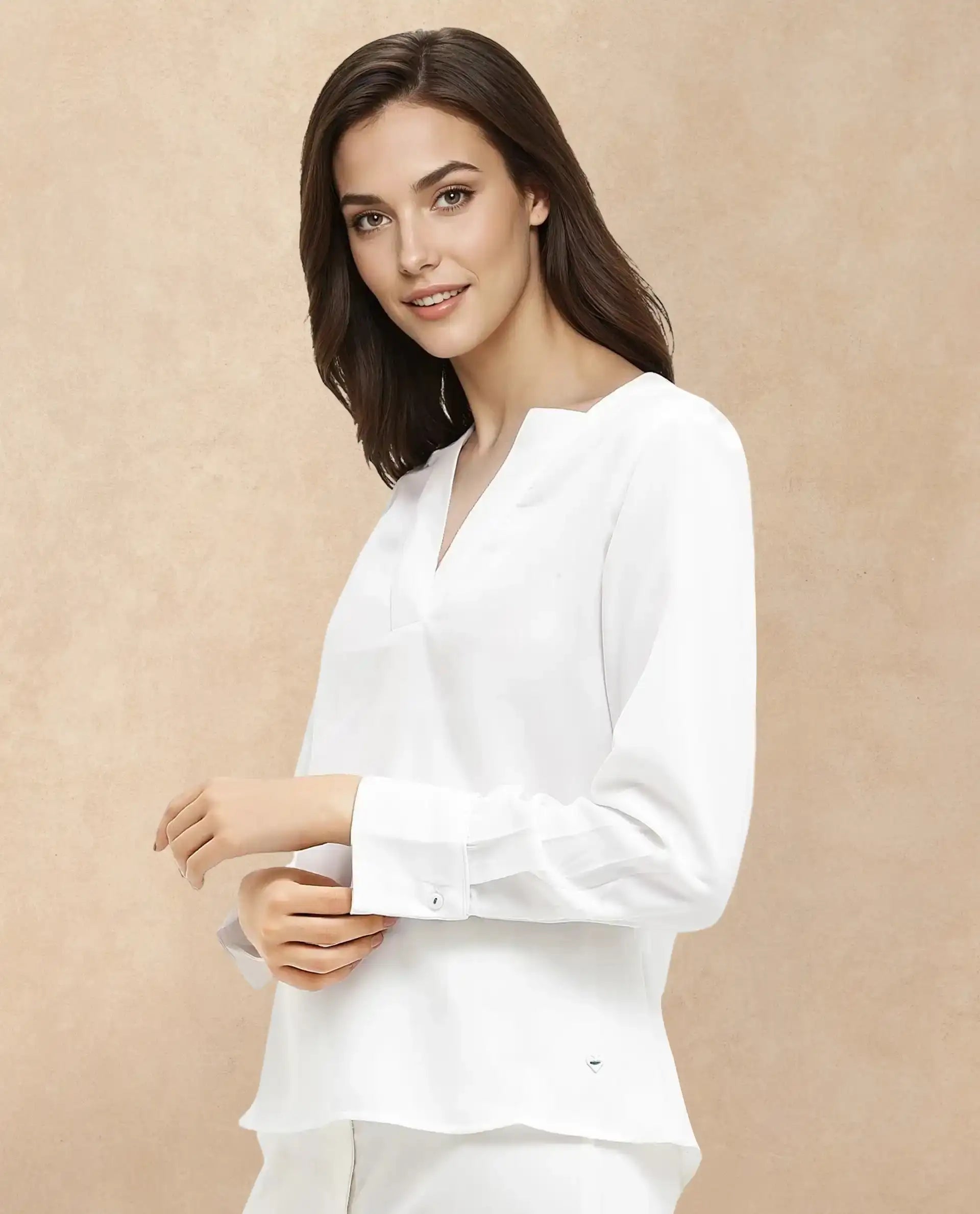 Rareism Women's Shamon White Polyester V-Neck Plain Cuffed Sleeve Regular Fit Top