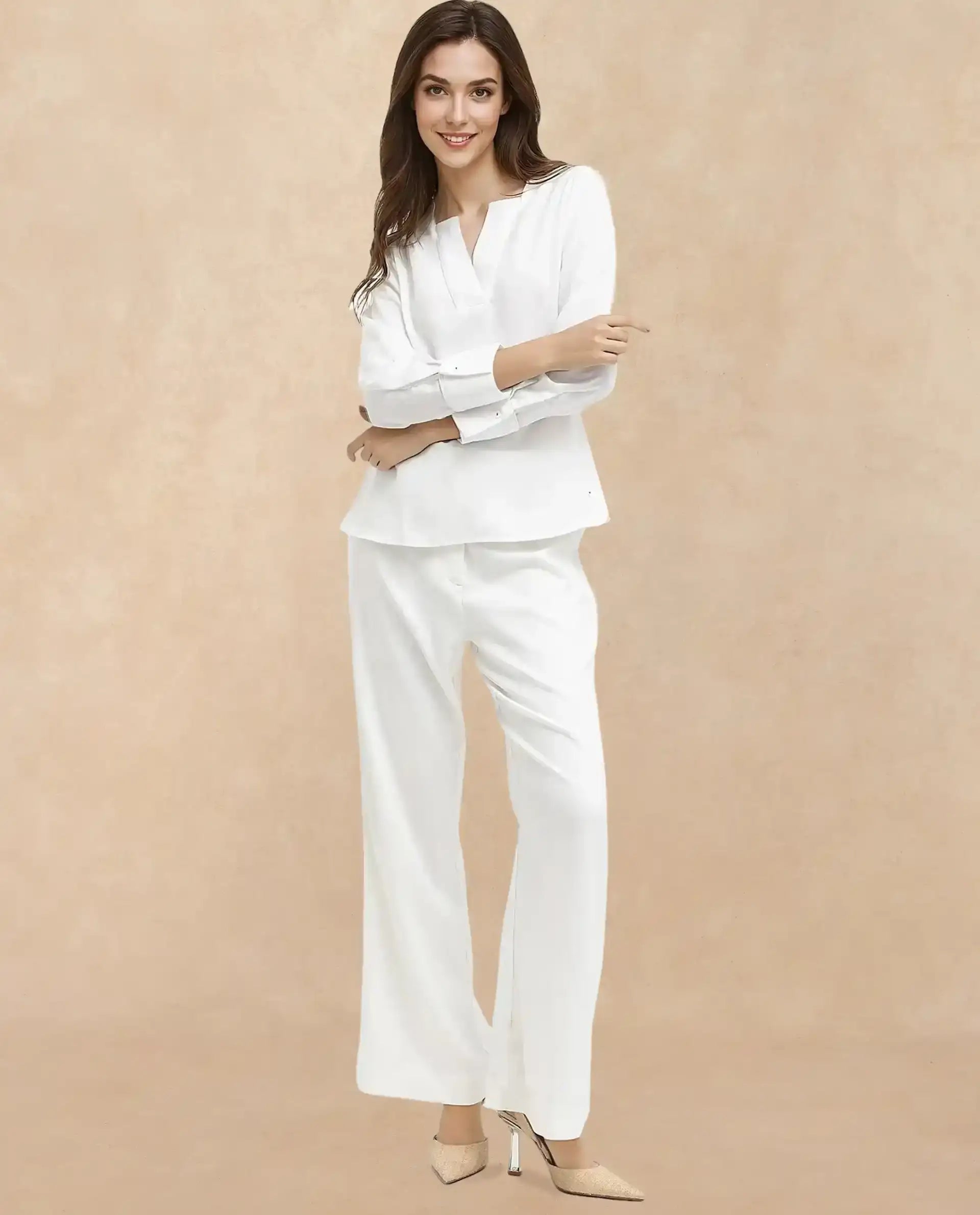 Rareism Women's Shamon White Polyester V-Neck Plain Cuffed Sleeve Regular Fit Top
