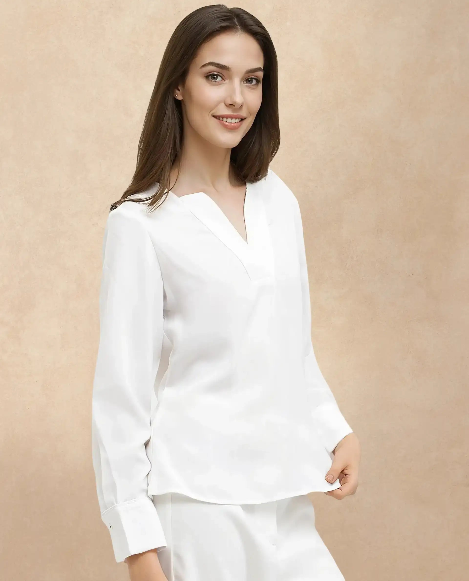Rareism Women's Shamon White Polyester V-Neck Plain Cuffed Sleeve Regular Fit Top