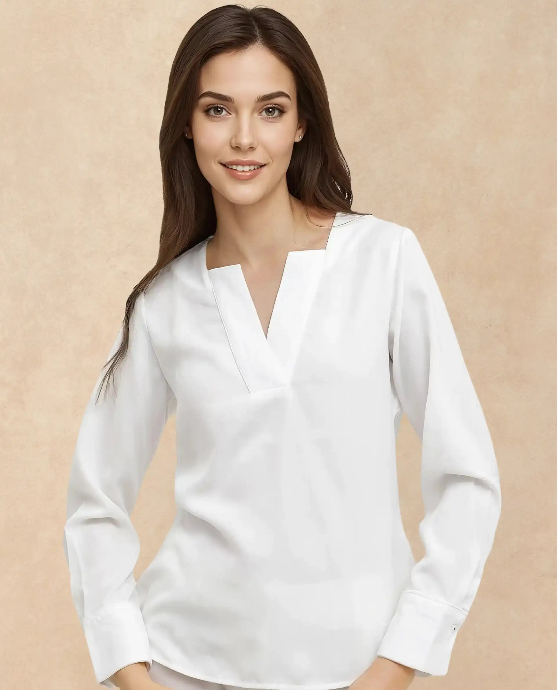 Rareism Women's Shamon White Polyester V-Neck Plain Cuffed Sleeve Regular Fit Top