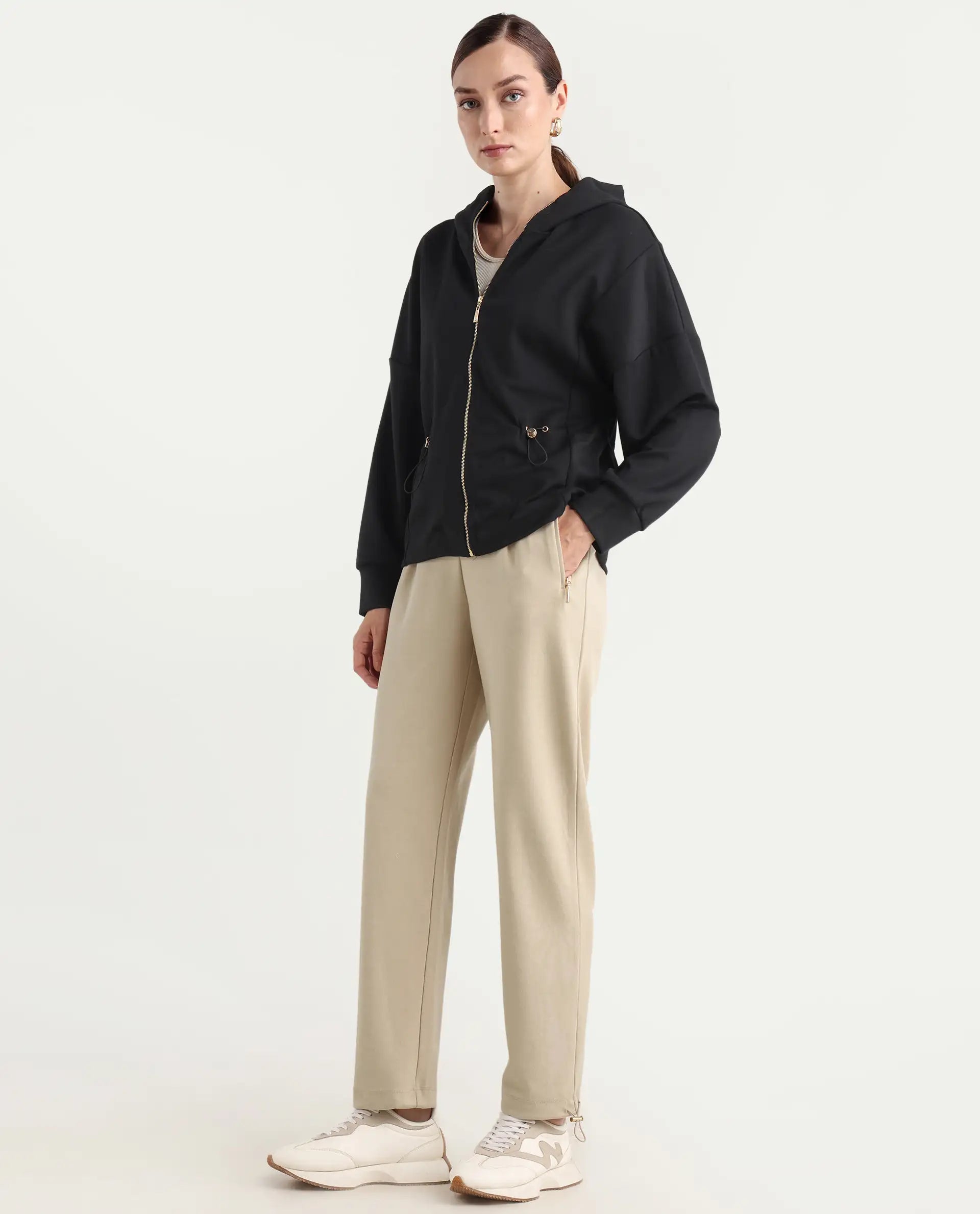 Rareism Women's Shane Beige Modal Blend Straight Printed Track Pant