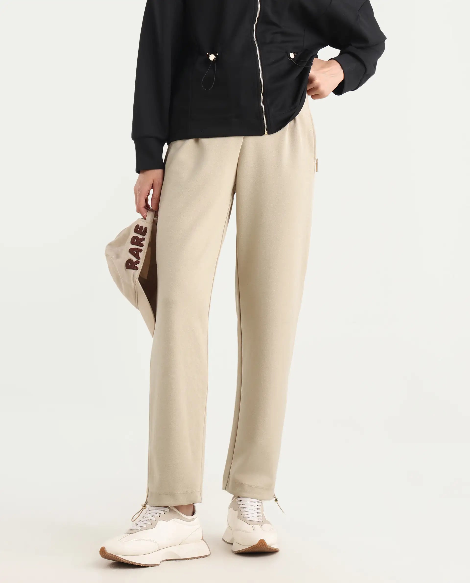 Rareism Women's Shane Beige Modal Blend Straight Printed Track Pant