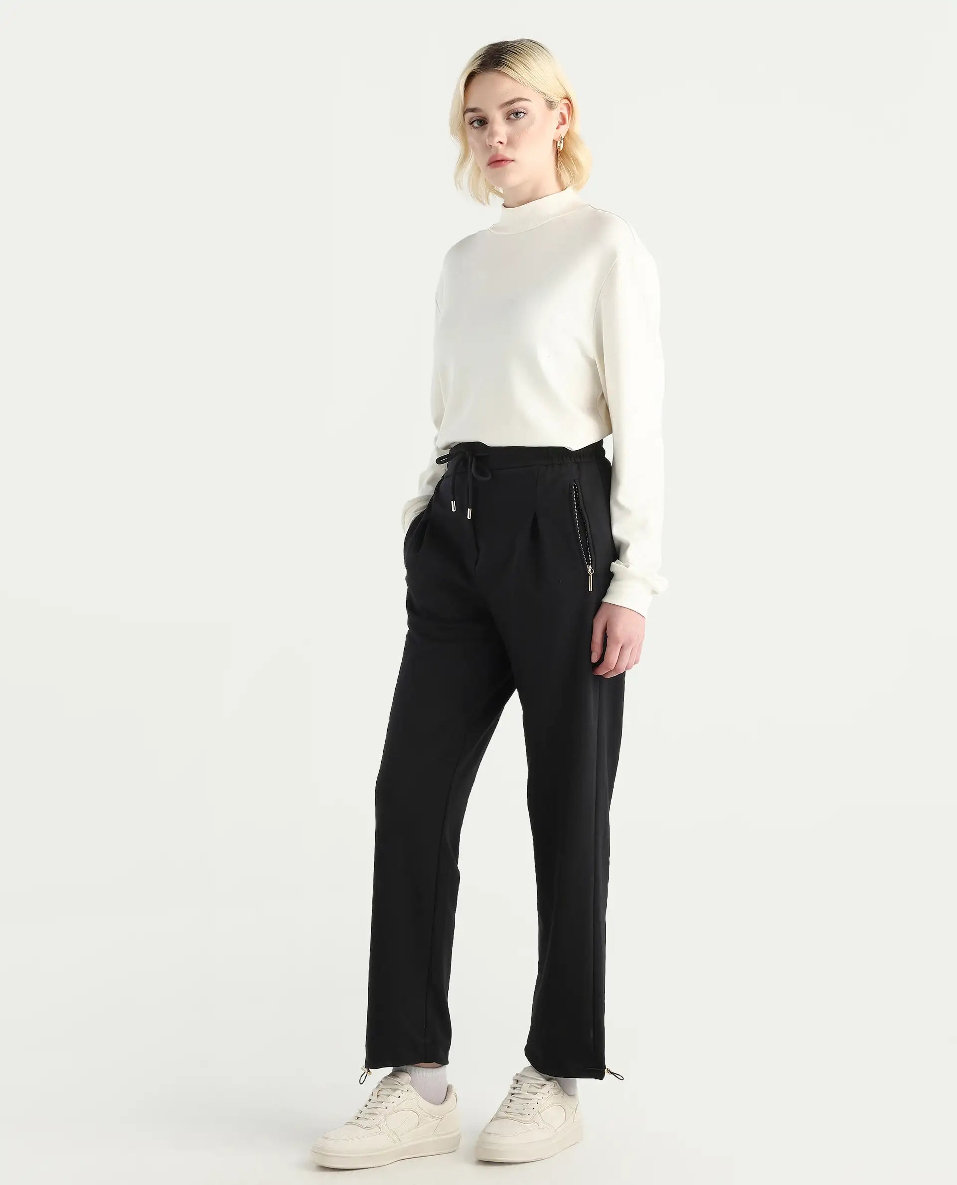 Rareism Women's Shane Black Modal Blend Straight Fit Track Pant