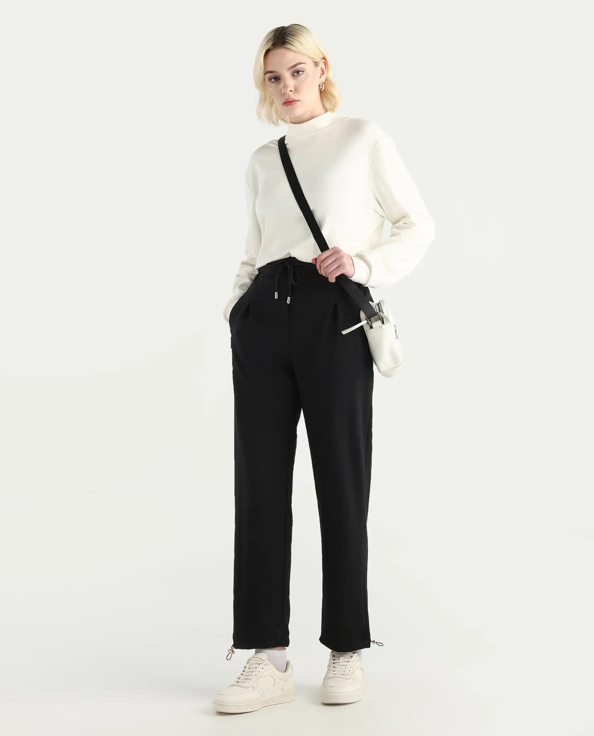 Rareism Women's Shane Black Modal Blend Straight Fit Track Pant