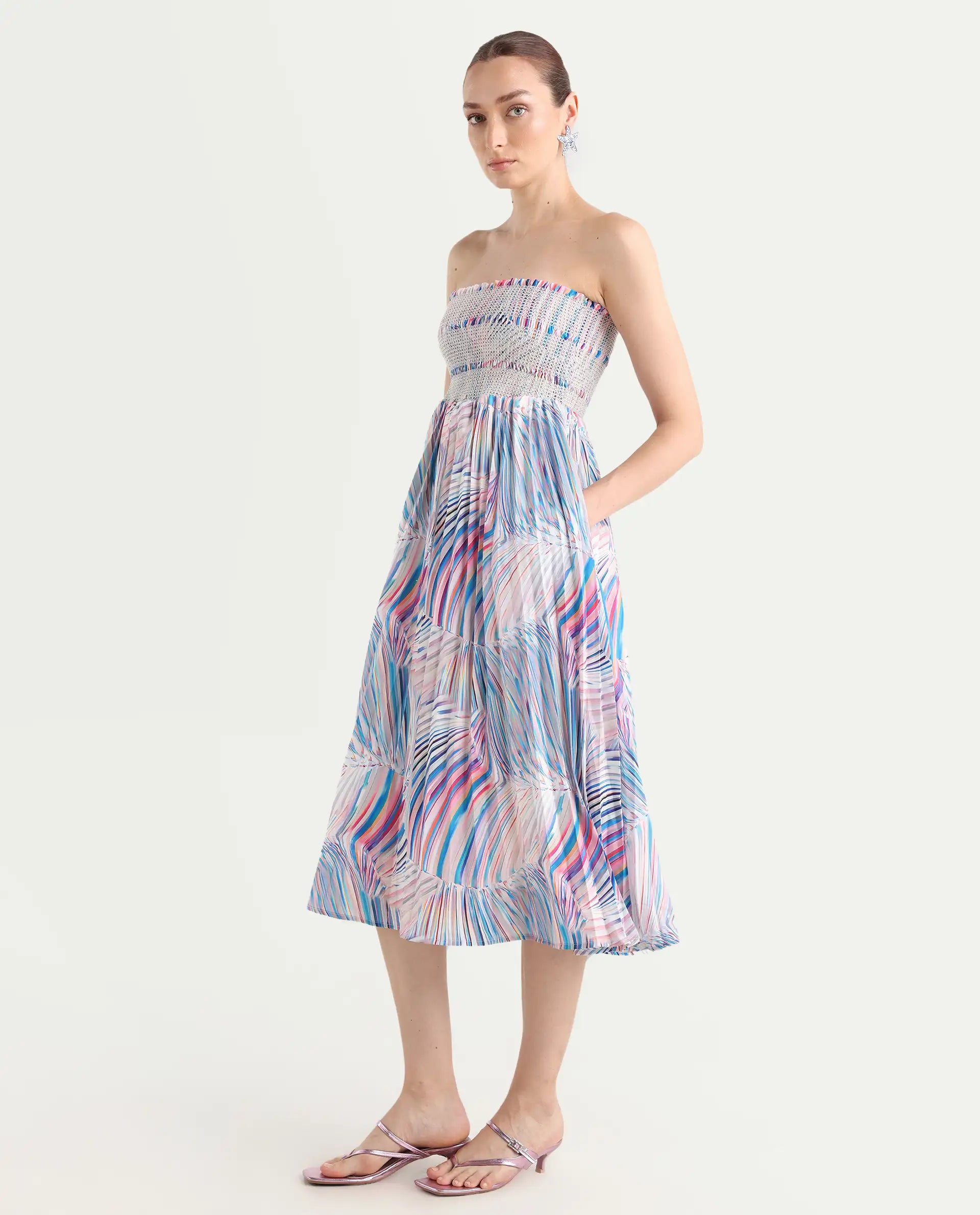 Rareism Women's Shanks Multi Polyester Blend Shoulder Strap Abstract Print Sleeveless Midi Fit And Flare Dress