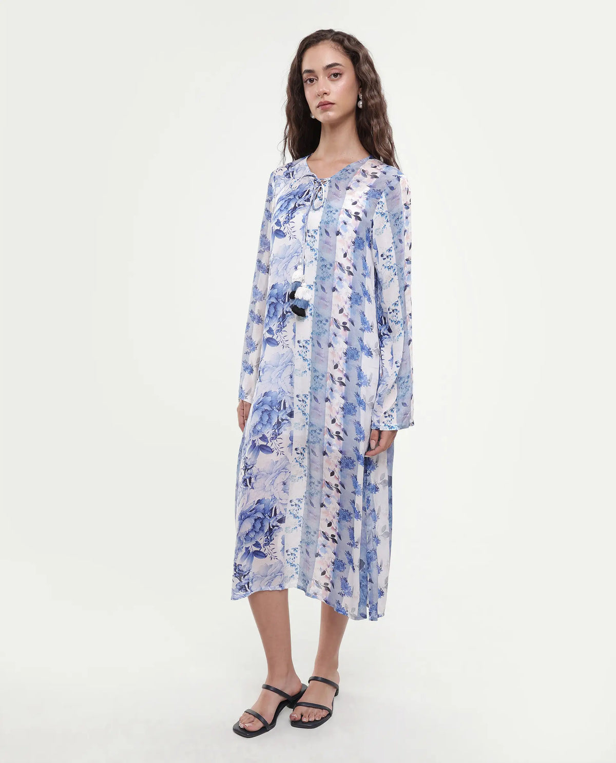 Rareism Women's Shay Blue Modal Tie-Up Neck Floral Print Knee Length Relaxed Fit Shrug