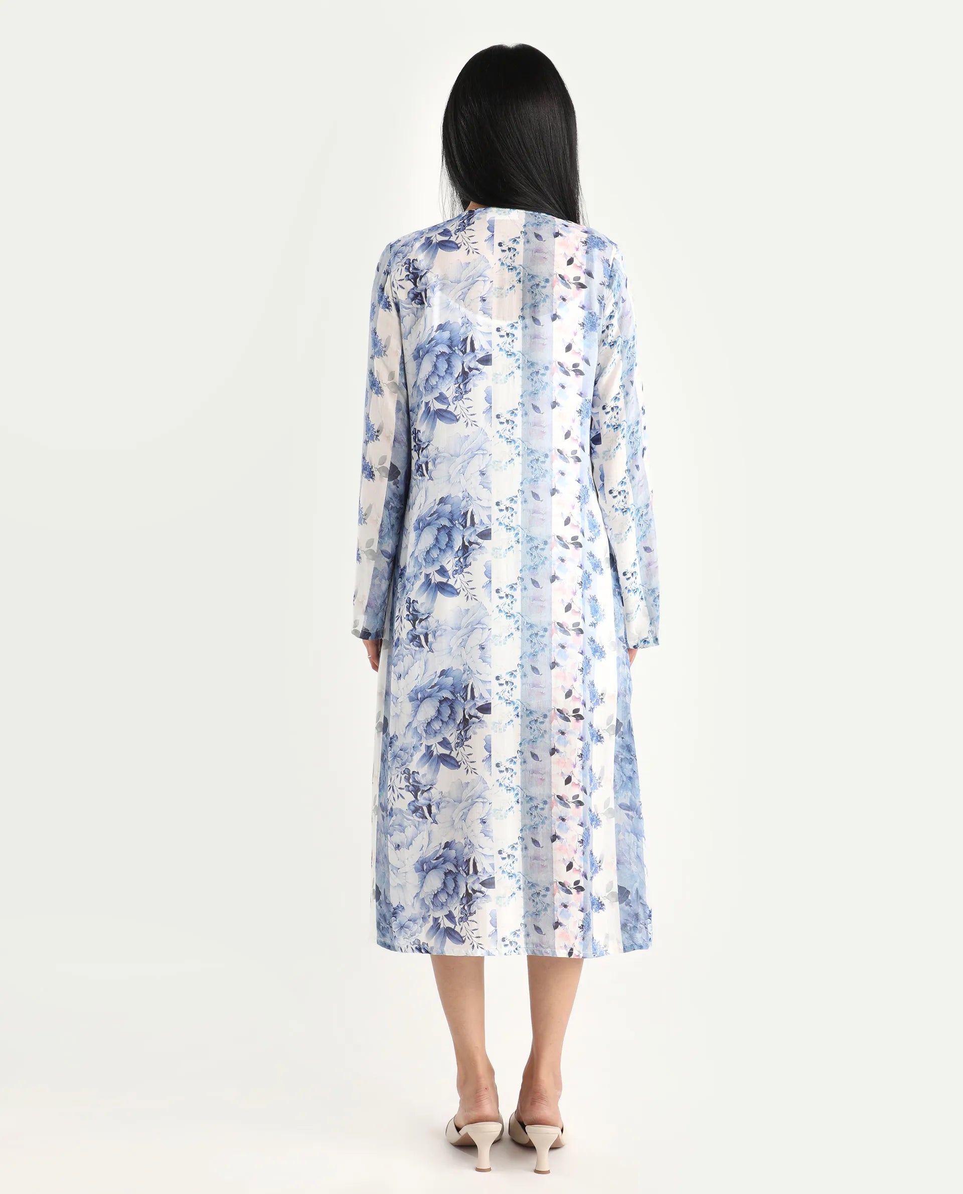 Rareism Women's Shay Blue Modal Tie-Up Neck Floral Print Knee Length Relaxed Fit Shrug