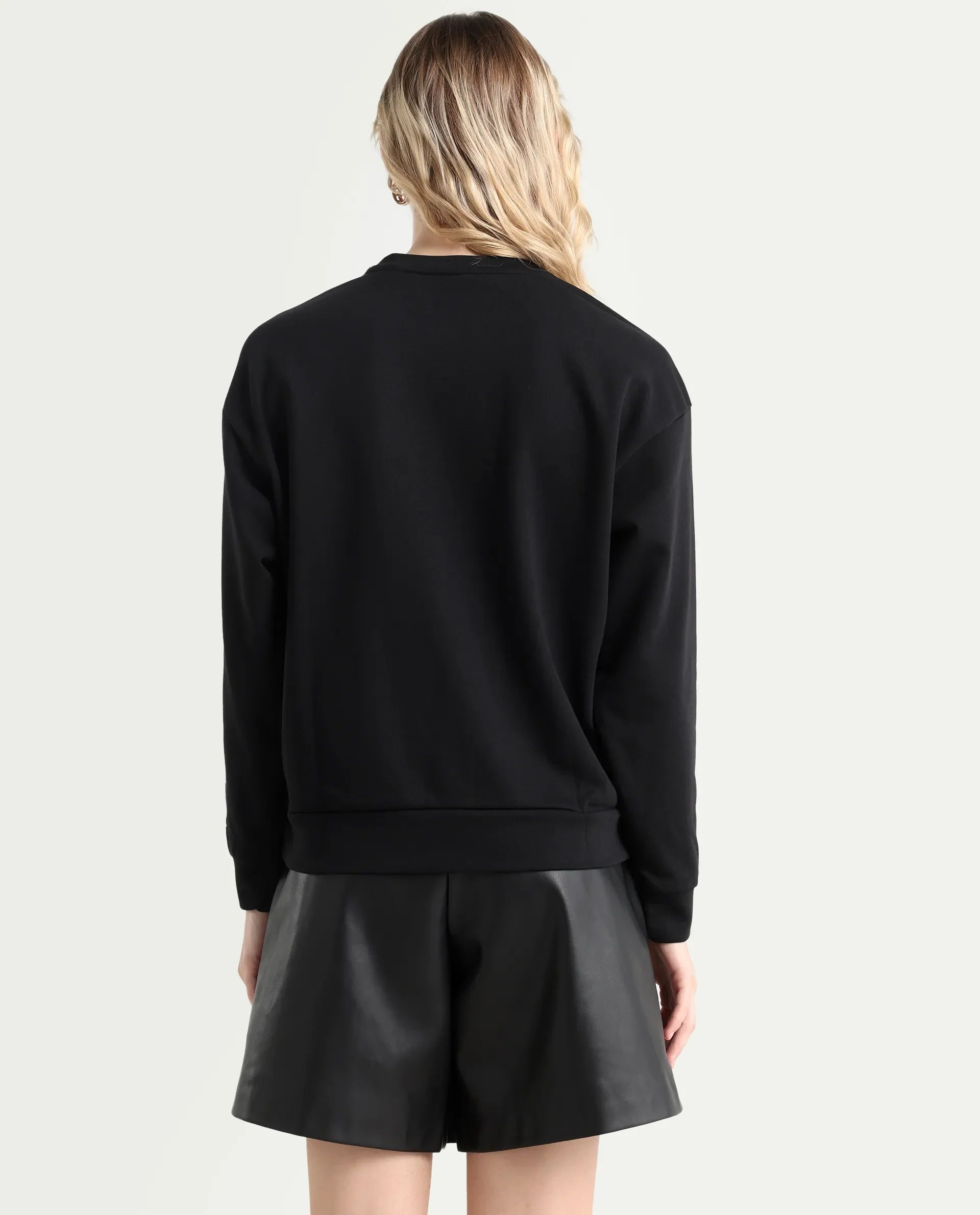 Rareism Women's Shelly Black Polyester Blend Crew Neck Graphic Print Cuffed Sleeve Relaxed Fit Sweatshirt