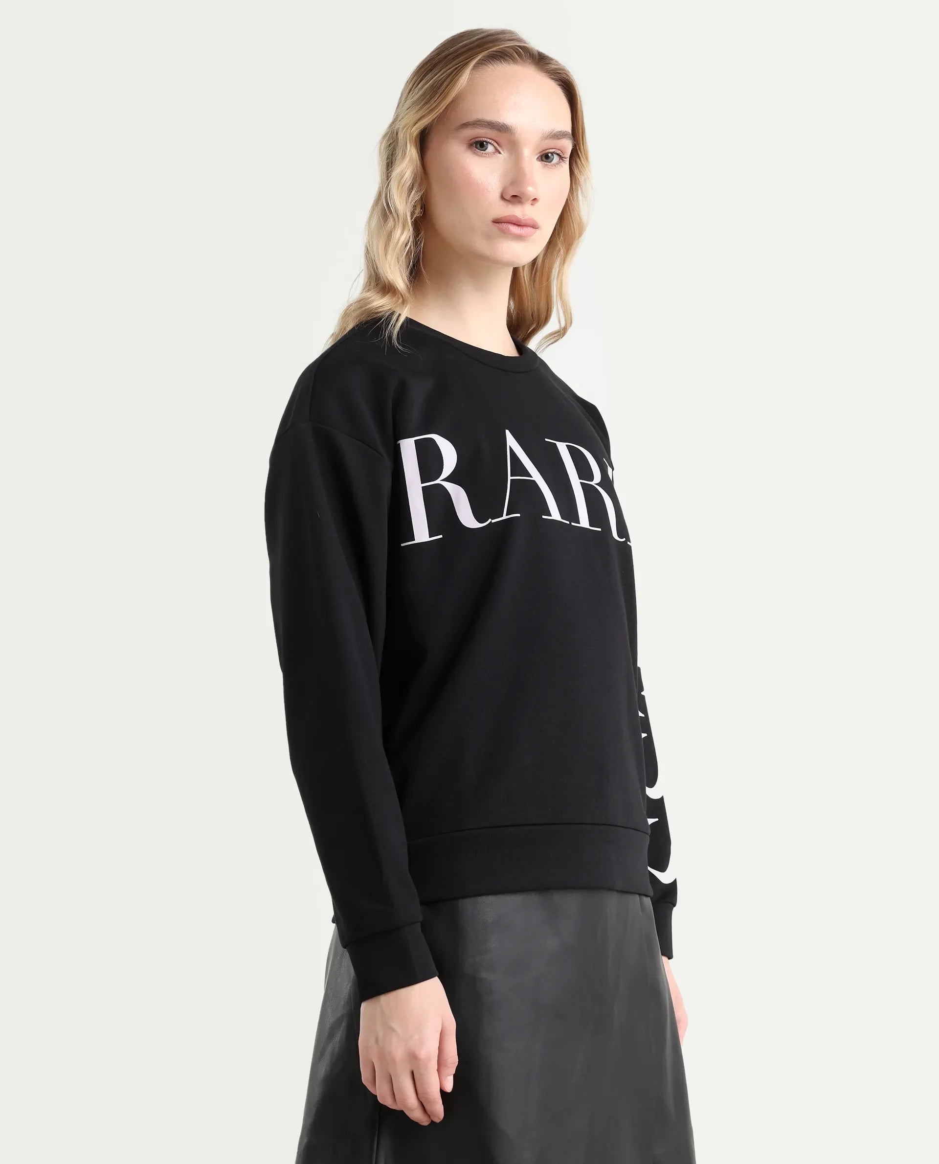 Rareism Women's Shelly Black Polyester Blend Crew Neck Graphic Print Cuffed Sleeve Relaxed Fit Sweatshirt
