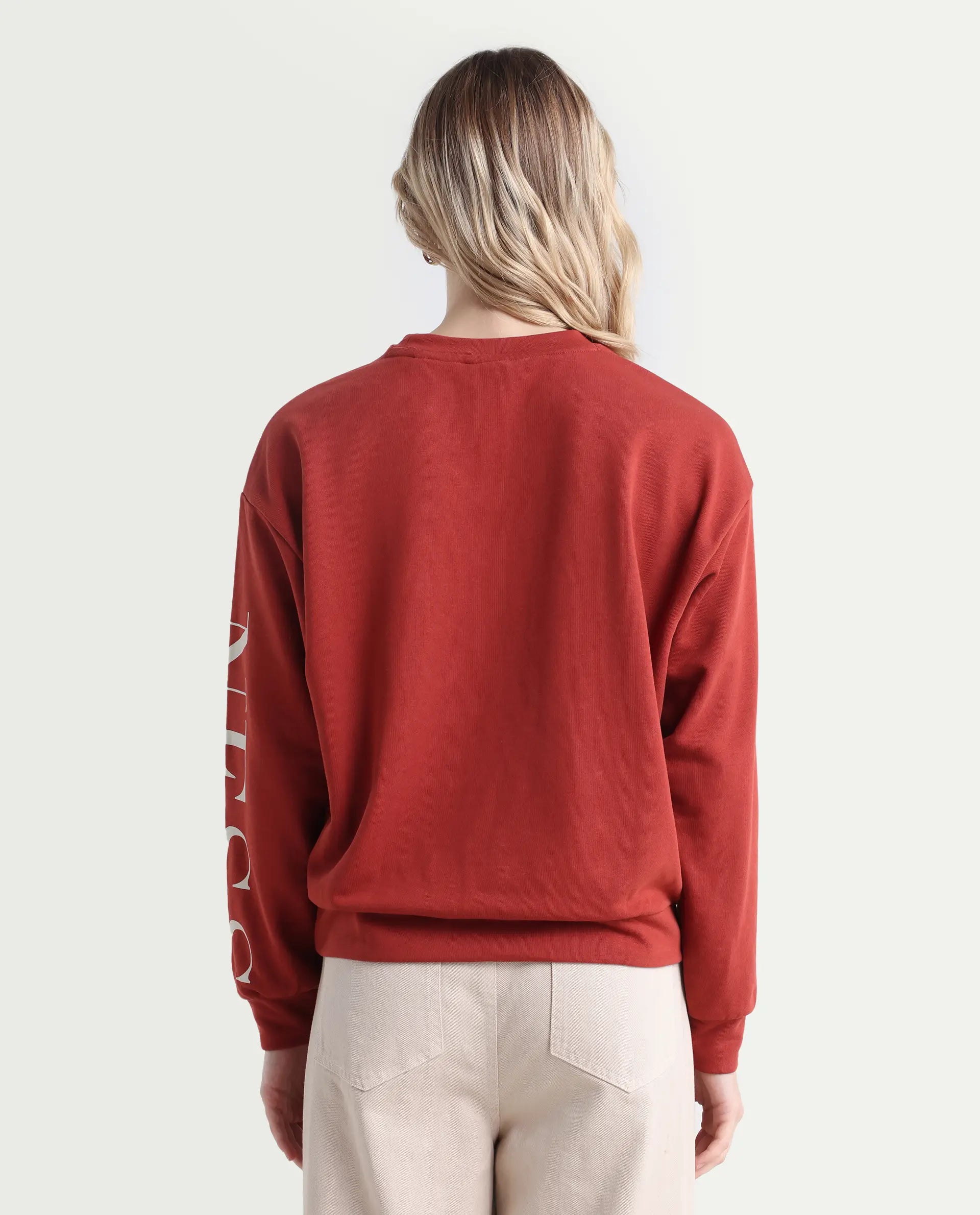 Rareism Women's Shelly Rust Polyester Blend Crew Neck Graphic Print Cuffed Sleeve Relaxed Fit Sweatshirt