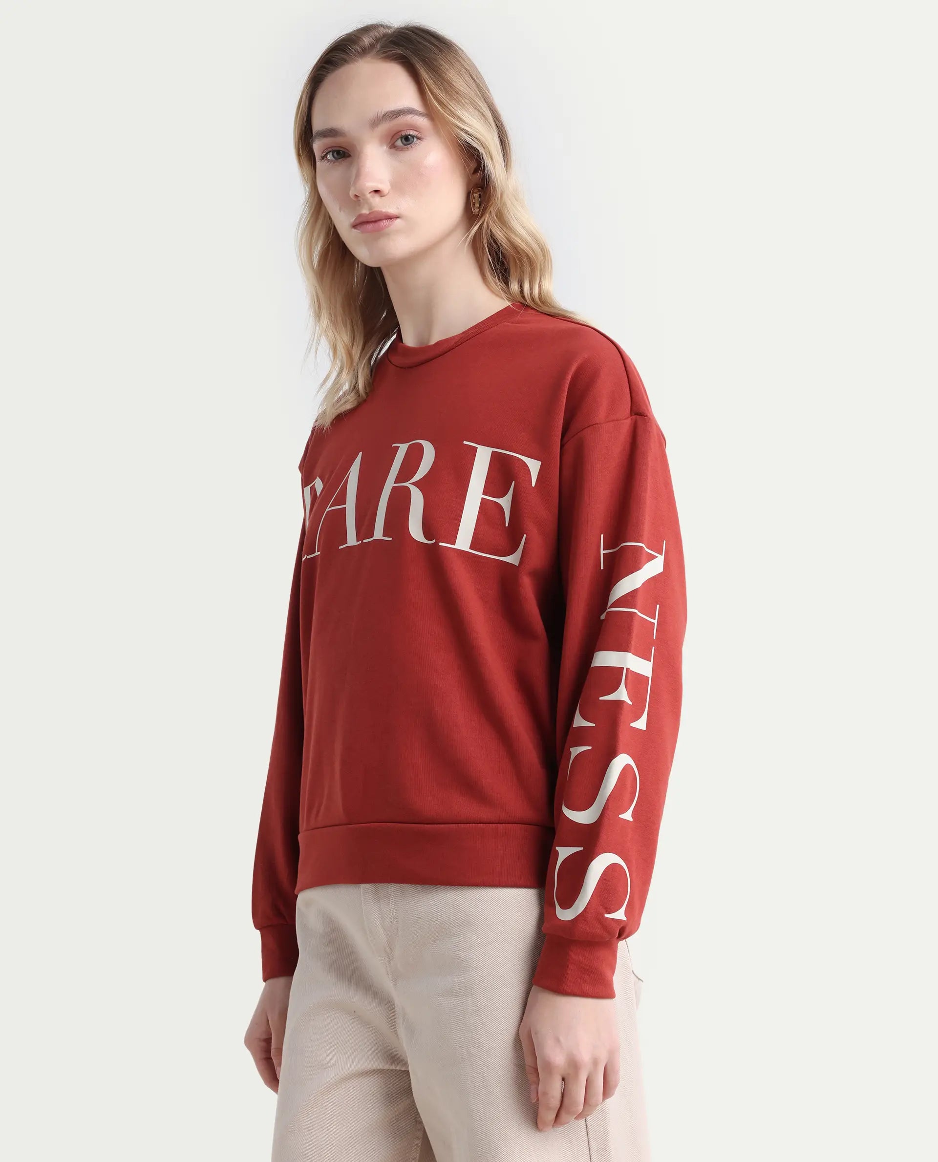 Rareism Women's Shelly Rust Polyester Blend Crew Neck Graphic Print Cuffed Sleeve Relaxed Fit Sweatshirt