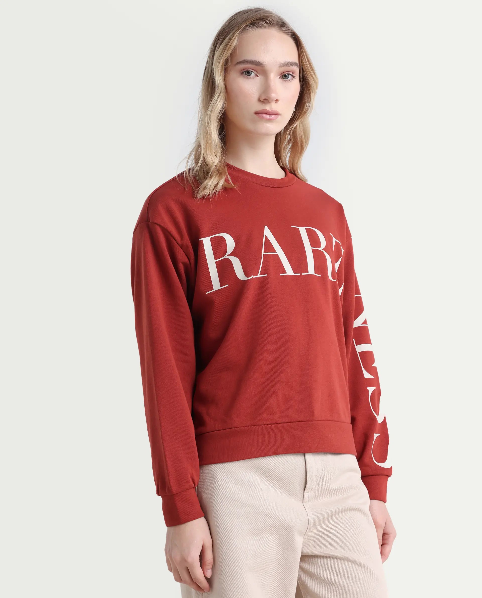Rareism Women's Shelly Rust Polyester Blend Crew Neck Graphic Print Cuffed Sleeve Relaxed Fit Sweatshirt