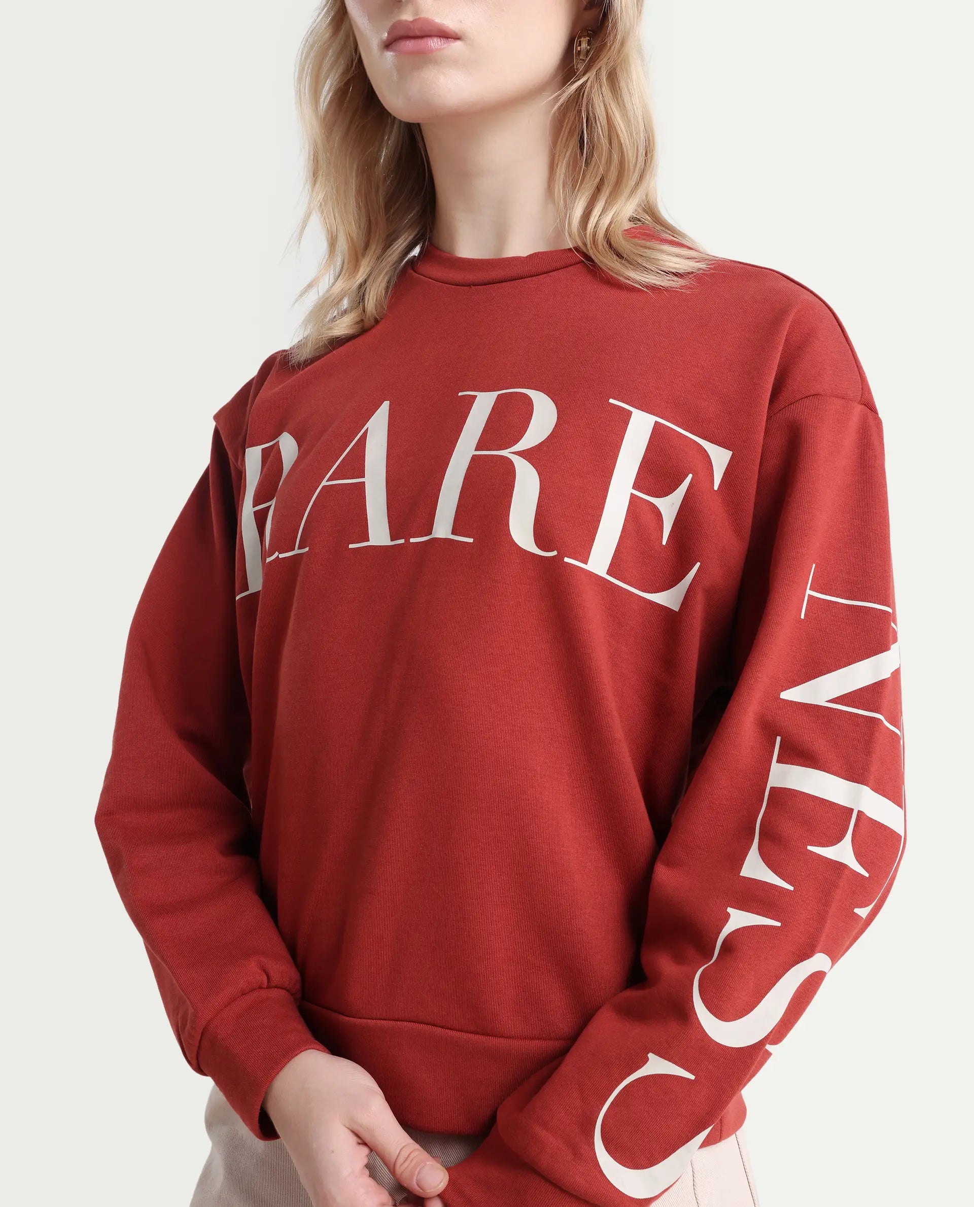 Rareism Women's Shelly Rust Polyester Blend Crew Neck Graphic Print Cuffed Sleeve Relaxed Fit Sweatshirt