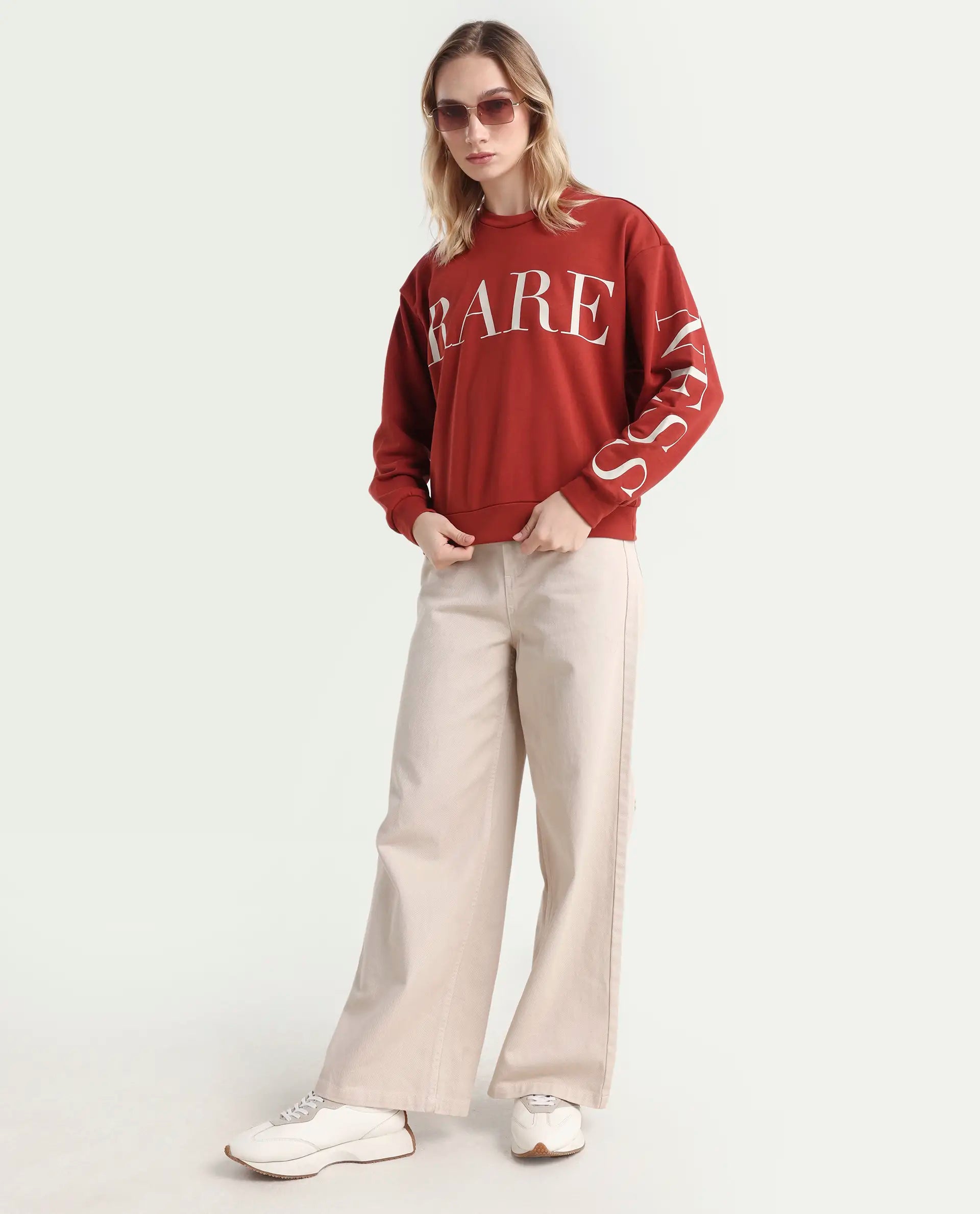 Rareism Women's Shelly Rust Polyester Blend Crew Neck Graphic Print Cuffed Sleeve Relaxed Fit Sweatshirt