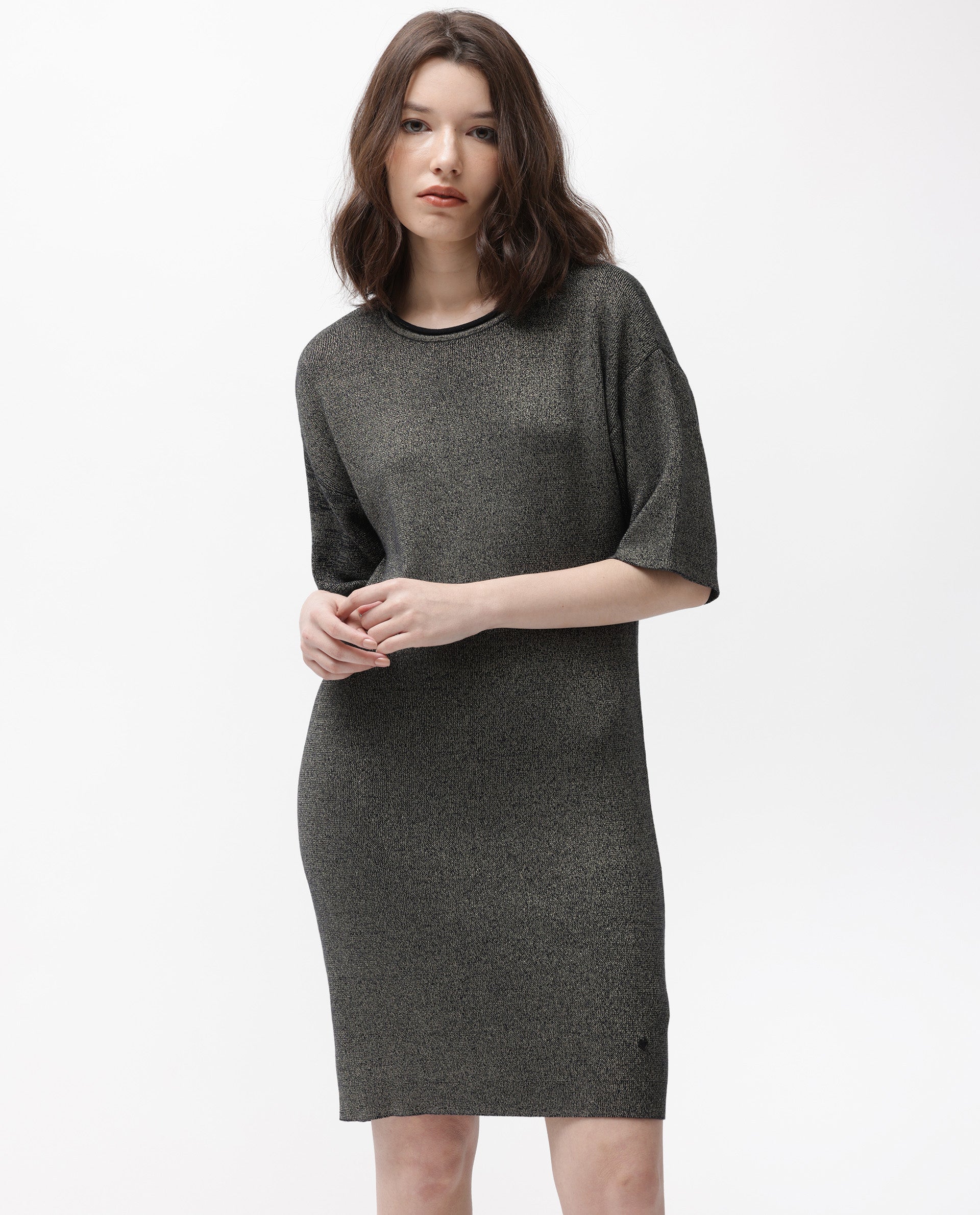 Rareism Women's Shimknit Black Cotton Boat Neck Plain Relaxed Fit Sweater