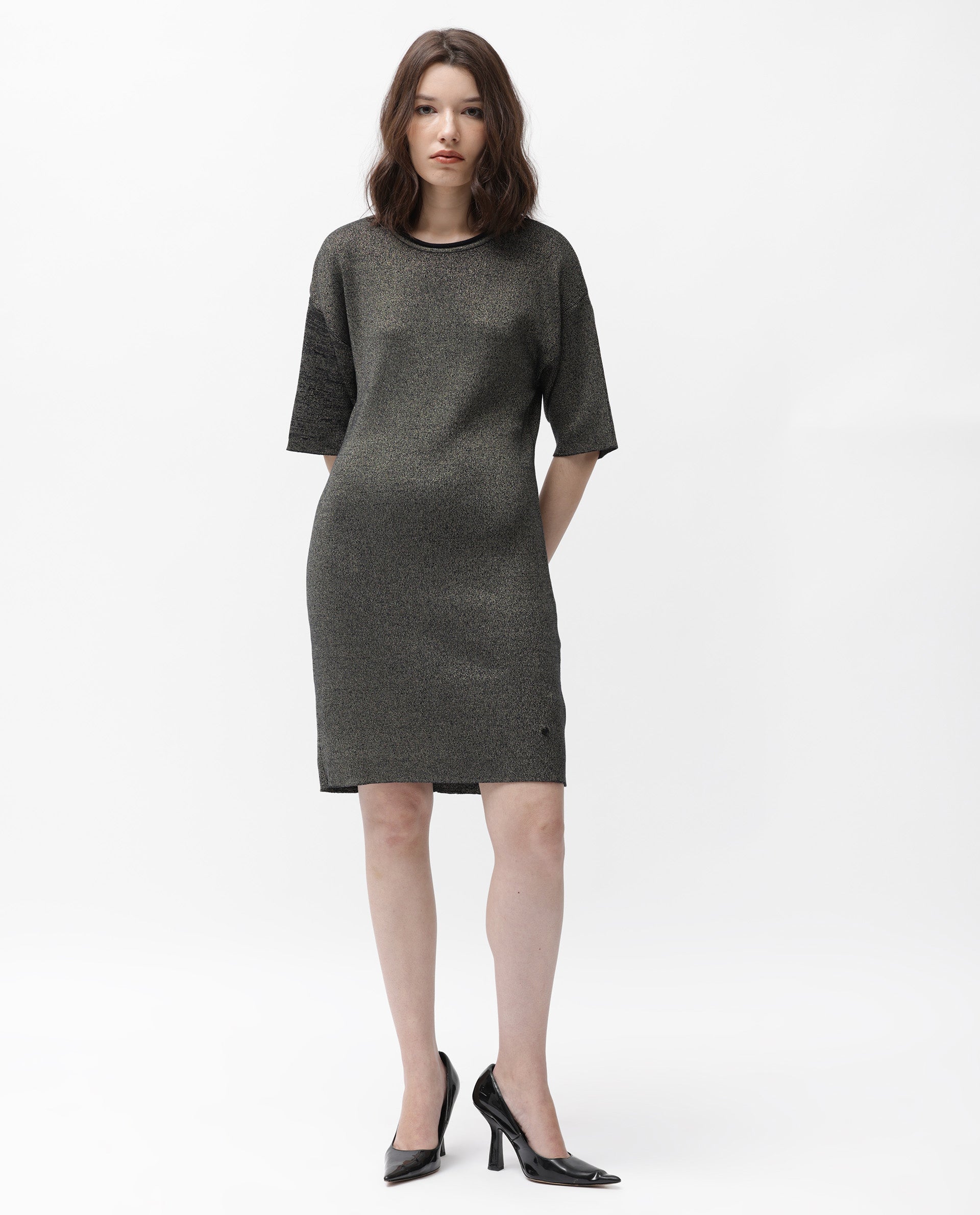 Rareism Women's Shimknit Black Cotton Boat Neck Plain Relaxed Fit Sweater