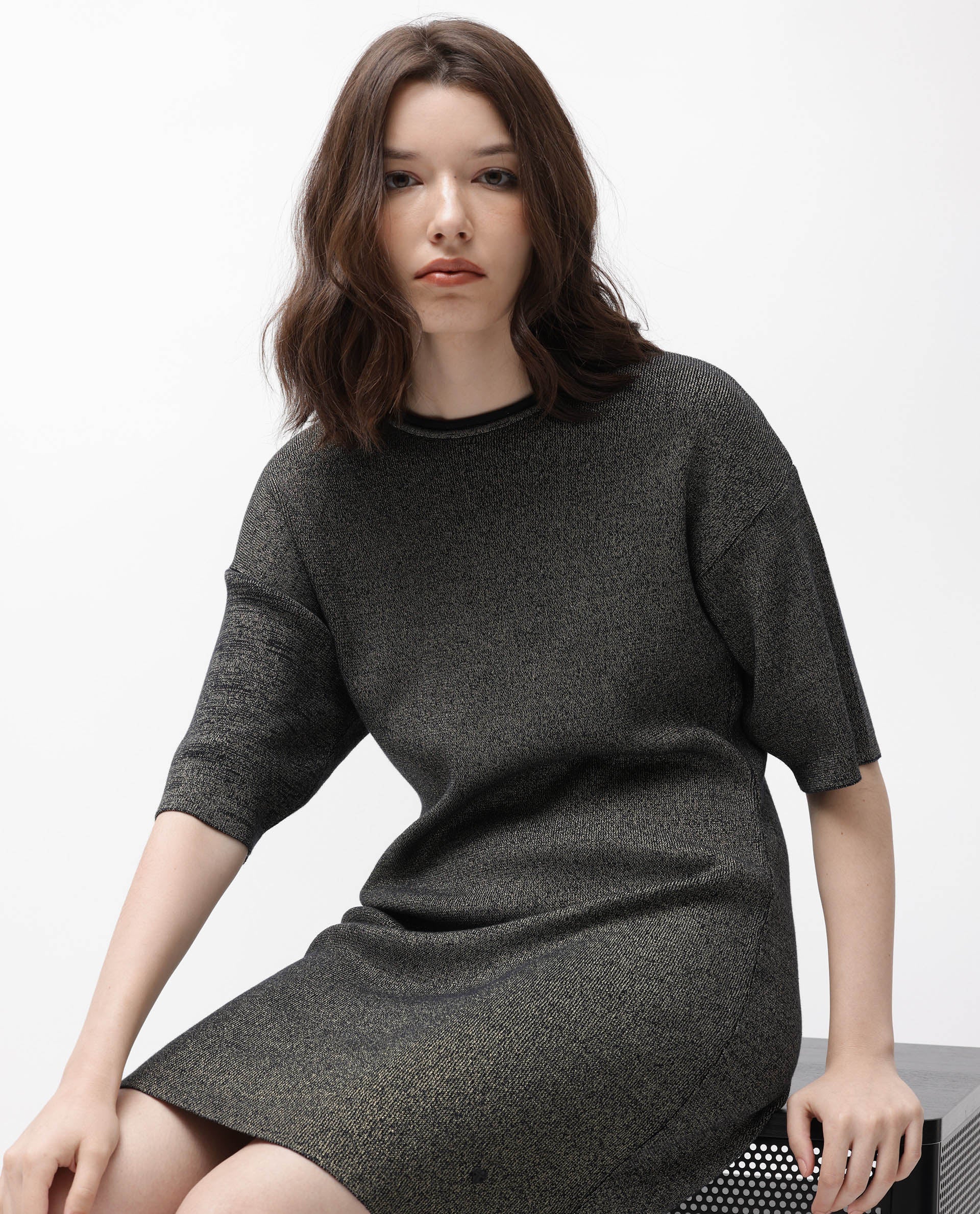 Rareism Women's Shimknit Black Cotton Boat Neck Plain Relaxed Fit Sweater