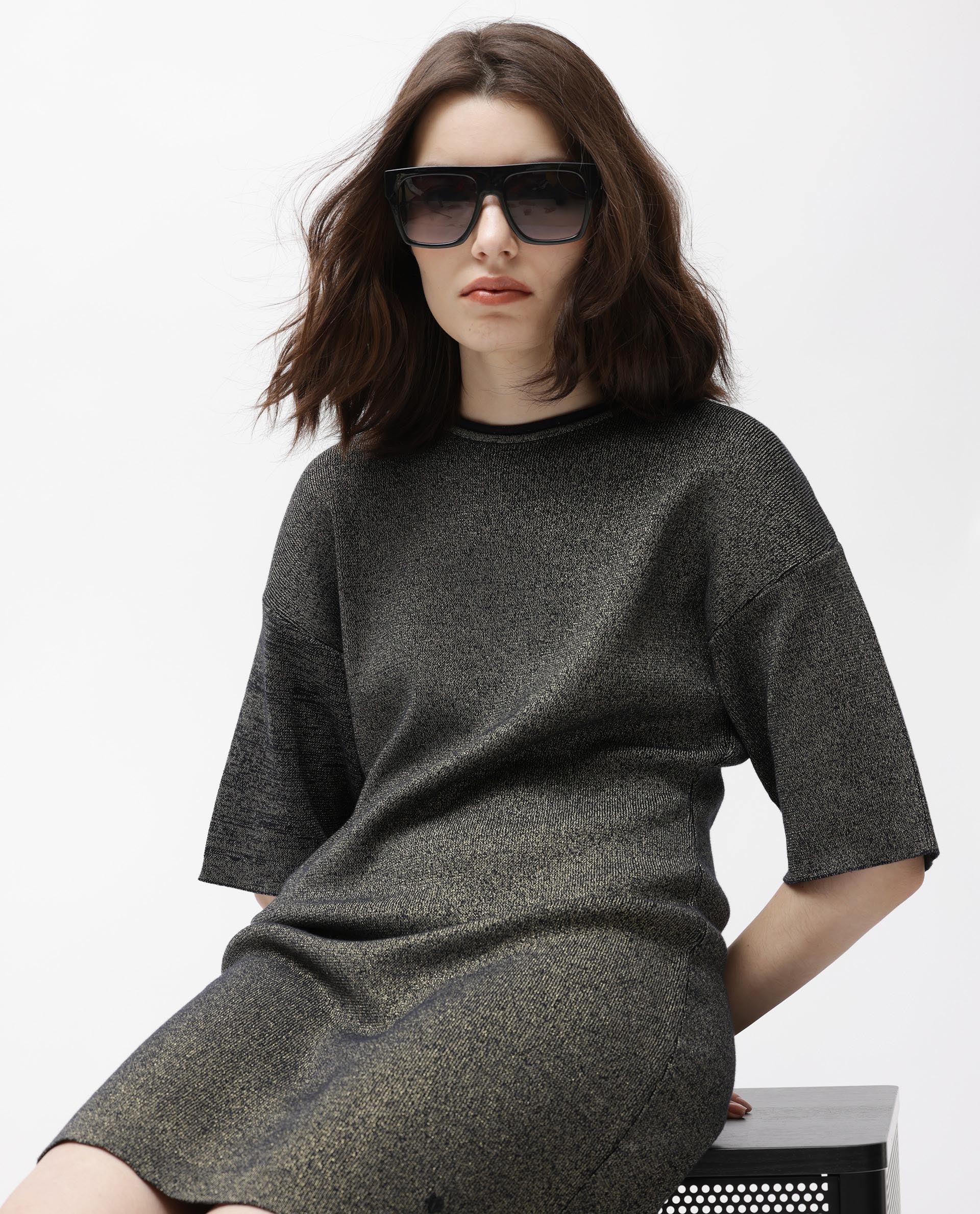 Rareism Women's Shimknit Black Cotton Boat Neck Plain Relaxed Fit Sweater