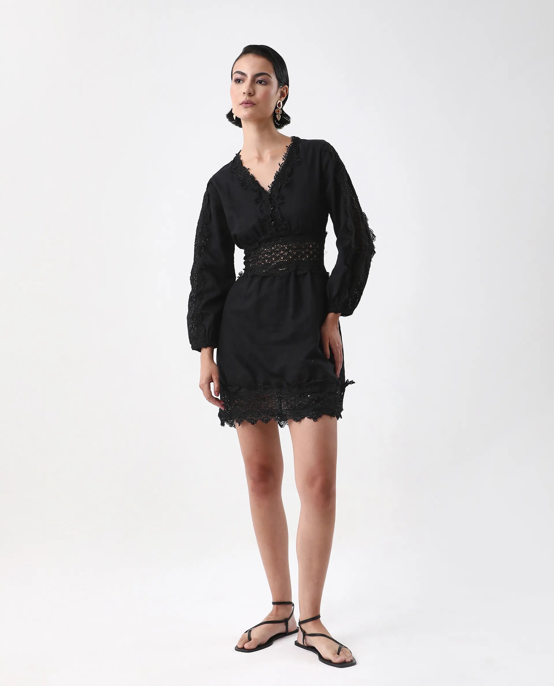 Rareism Women's Shirley Black V-Neck Plain Bishop Sleeve Mini Fit And Flare Dress