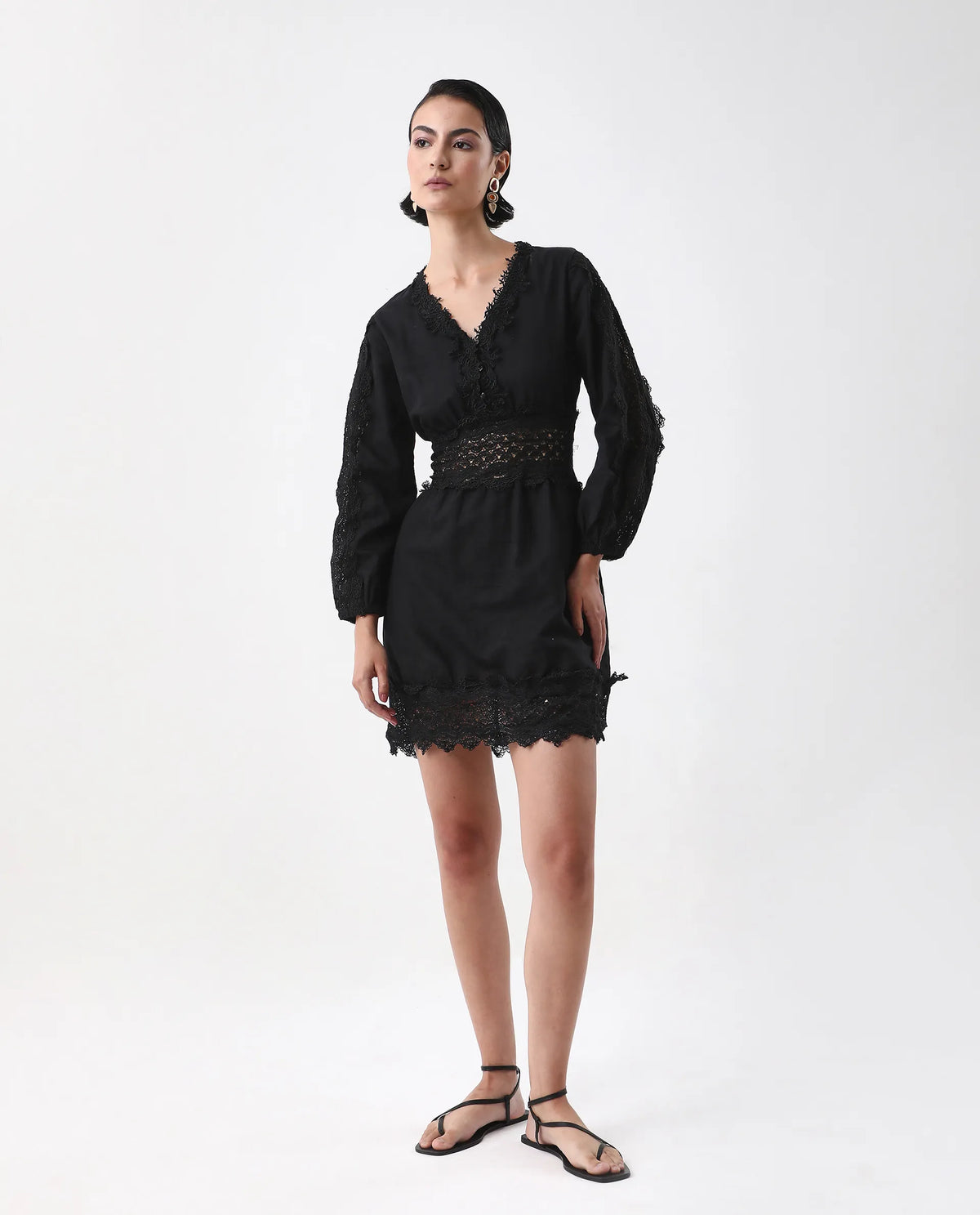 Rareism Women's Shirley Black V-Neck Plain Bishop Sleeve Mini Fit And Flare Dress