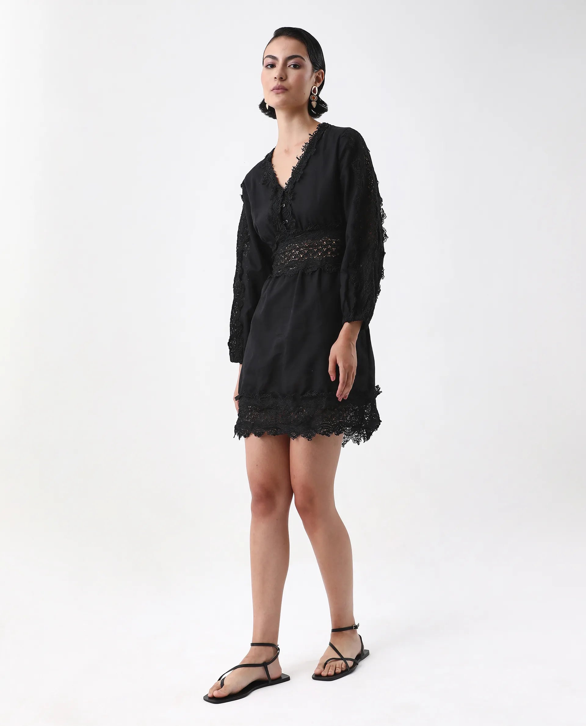 Rareism Women's Shirley Black V-Neck Plain Bishop Sleeve Mini Fit And Flare Dress