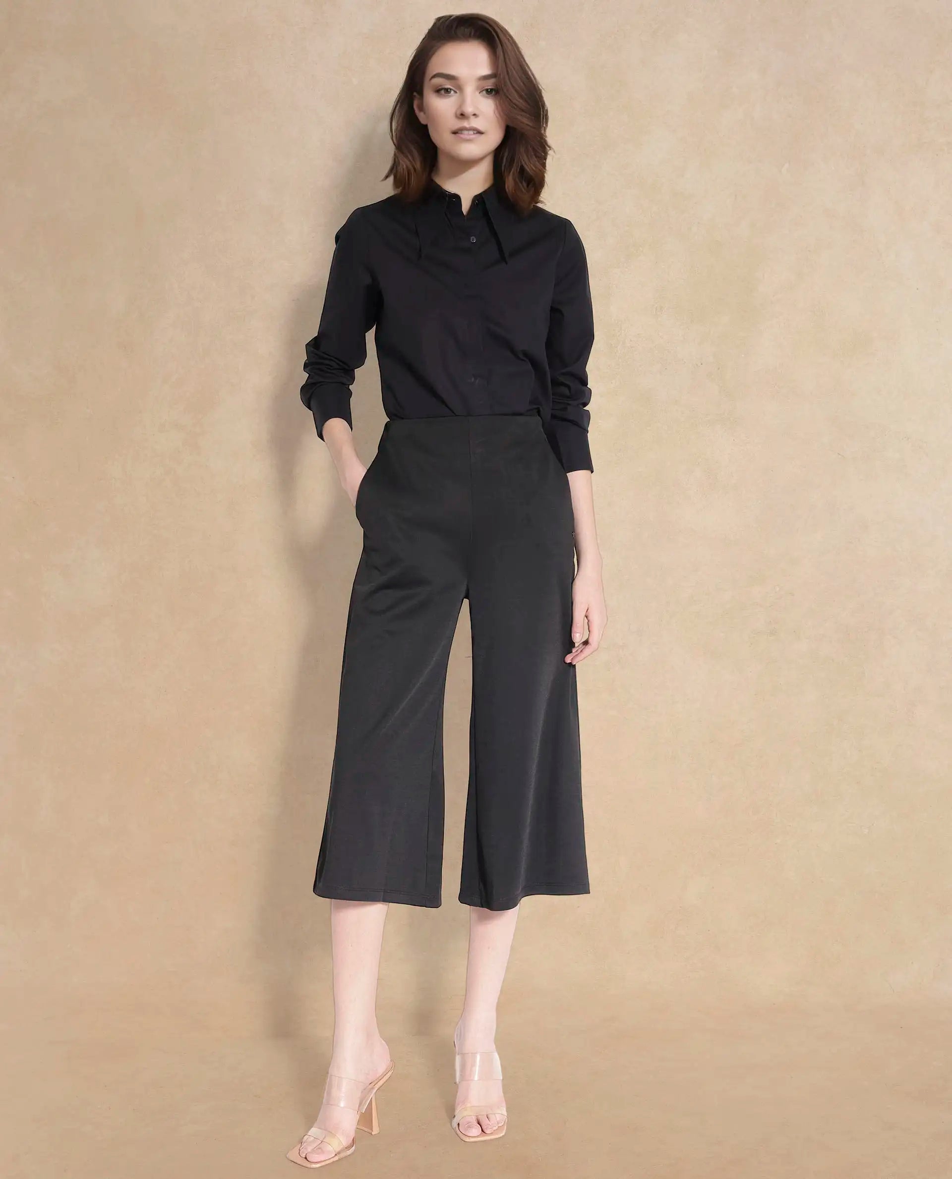 Rareism Women's Shoyo Black Polyester Plain Midi Flared Trouser