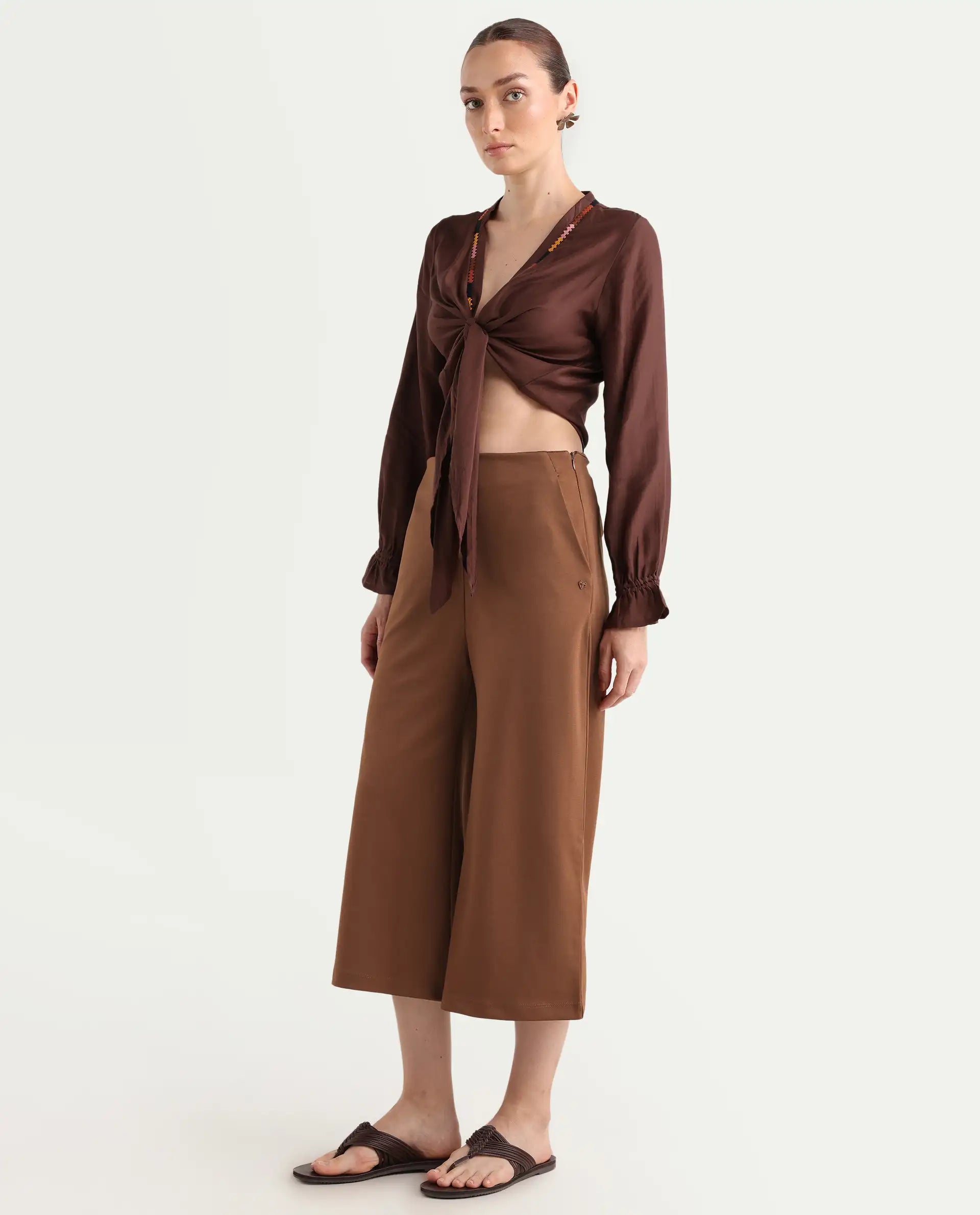 Rareism Women's Shoyo Dark Brown Polyester Plain Midi Flared Trouser