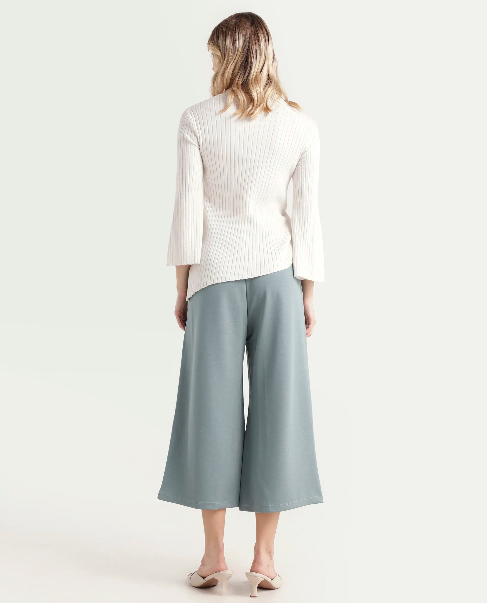 Rareism Women's Shoyo Light Green Polyester Plain Midi Flared Trouser