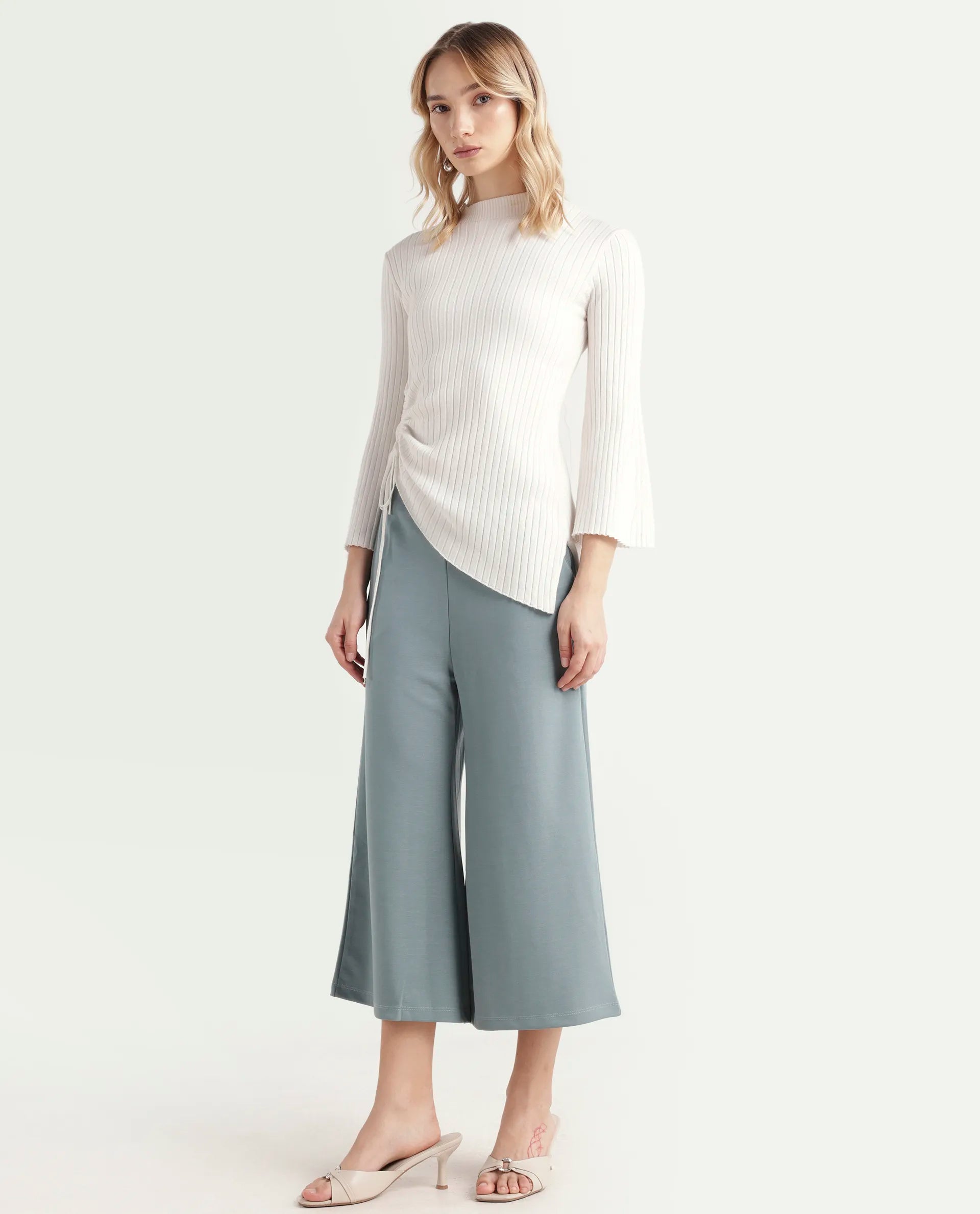 Rareism Women's Shoyo Light Green Polyester Plain Midi Flared Trouser