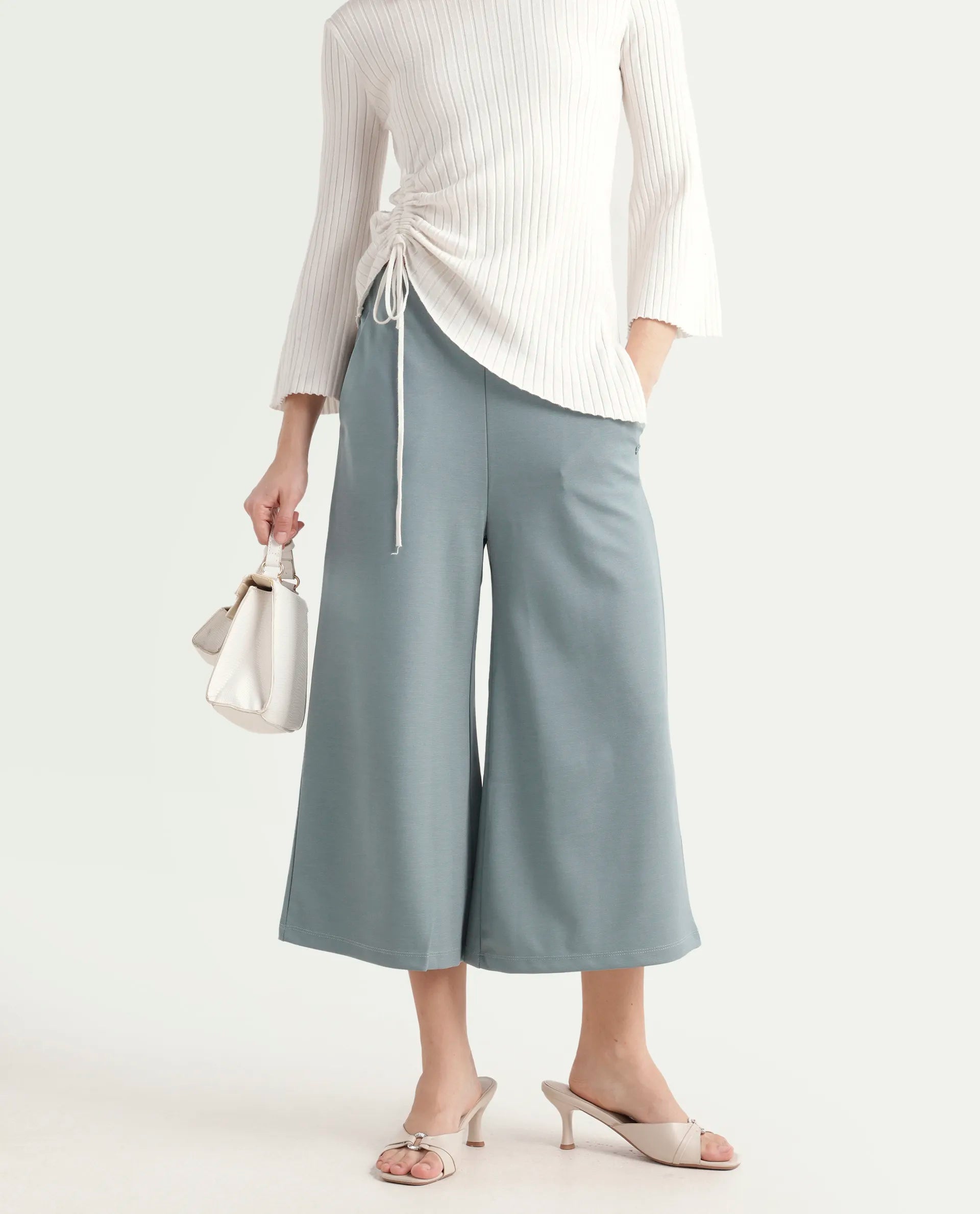 Rareism Women's Shoyo Light Green Polyester Plain Midi Flared Trouser