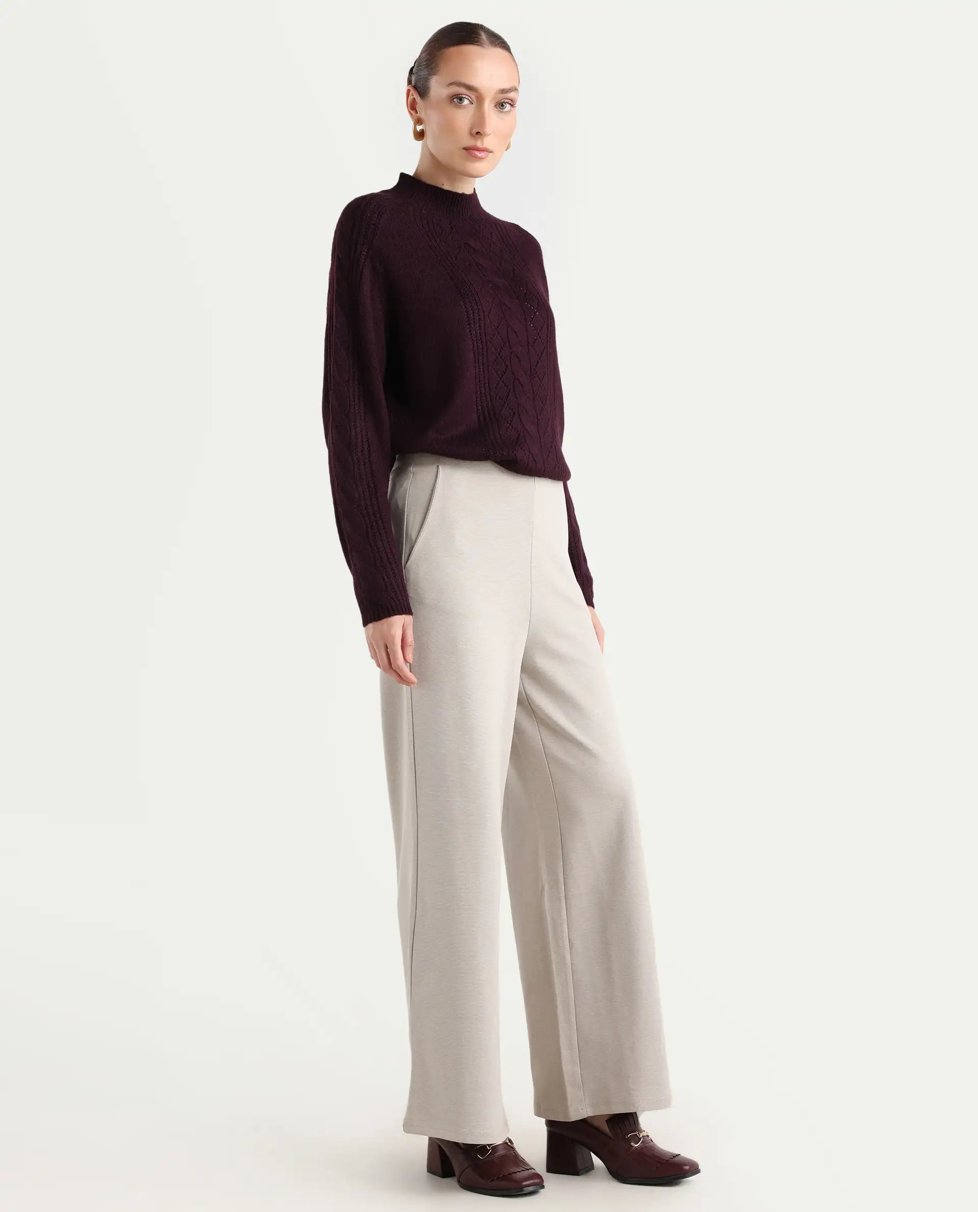 Rareism Women's Shoyon Beige Cotton Blend Plain Midi Wide Trouser