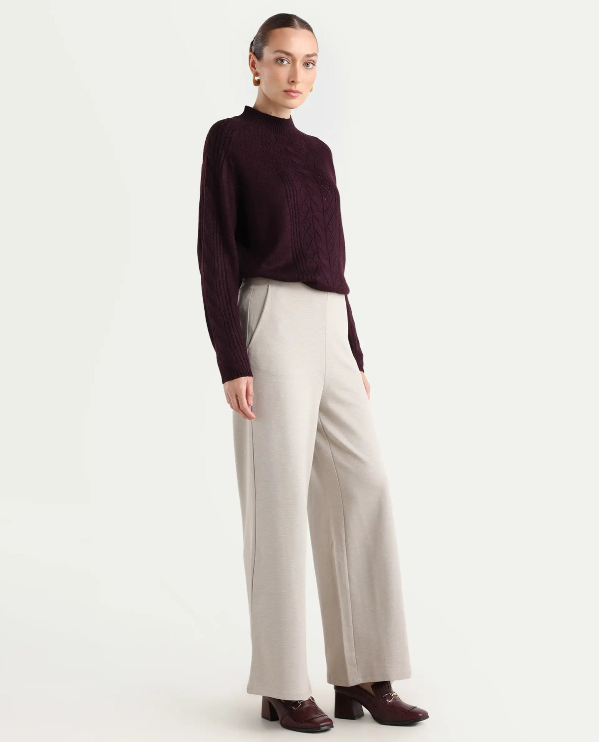 Rareism Women's Shoyon Beige Cotton Blend Plain Midi Wide Trouser