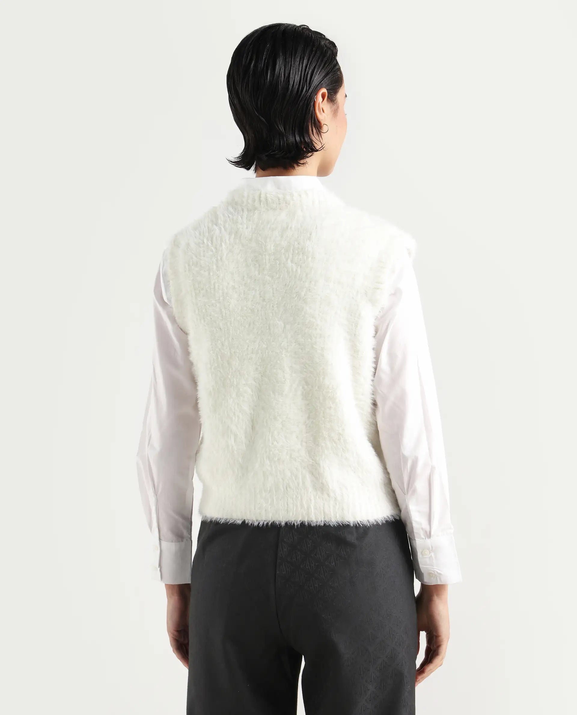 Rareism Women's Sielo White Nylon Crew Neck Plain Sleeveless Relaxed Fit Sweater