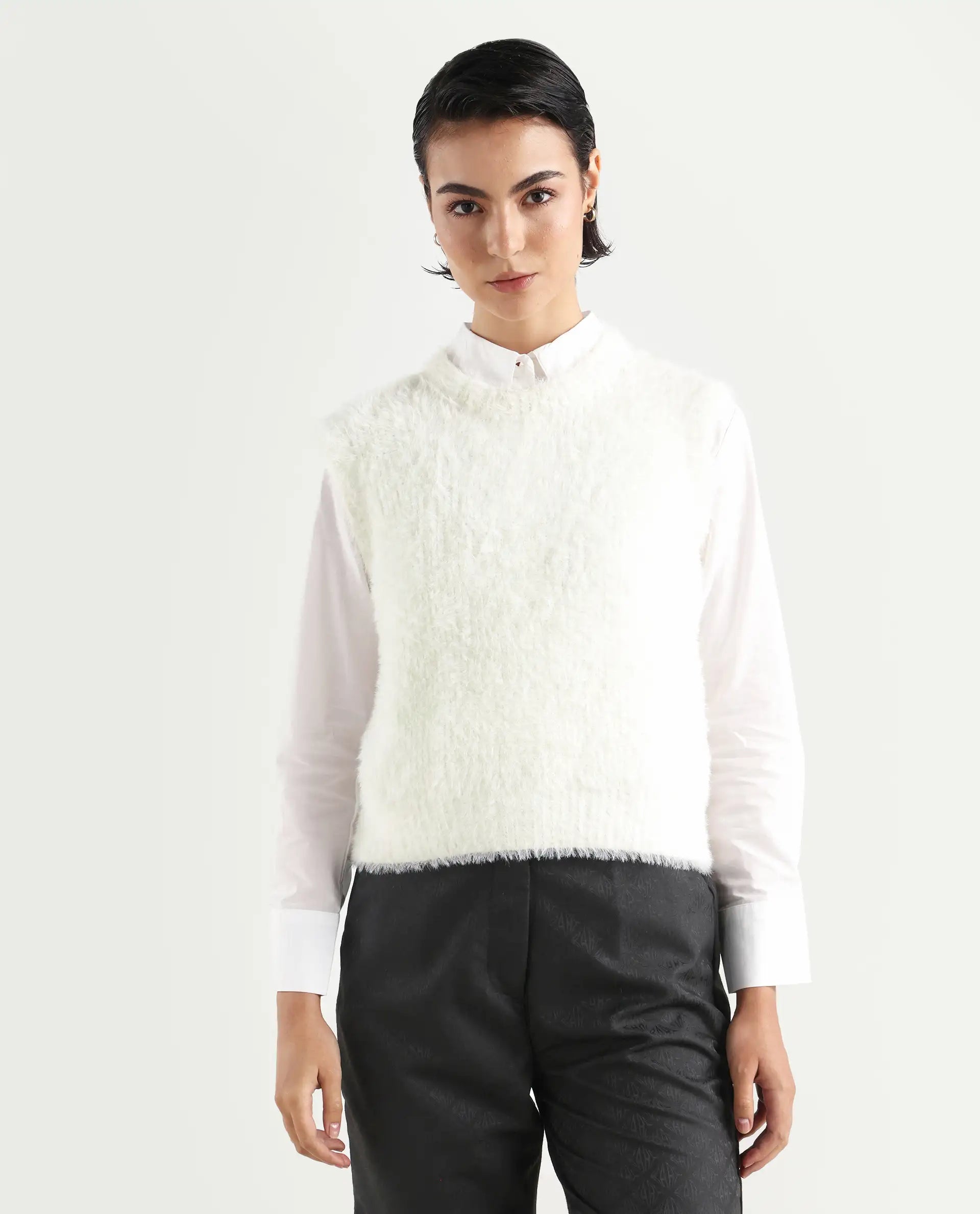 Rareism Women's Sielo White Nylon Crew Neck Plain Sleeveless Relaxed Fit Sweater