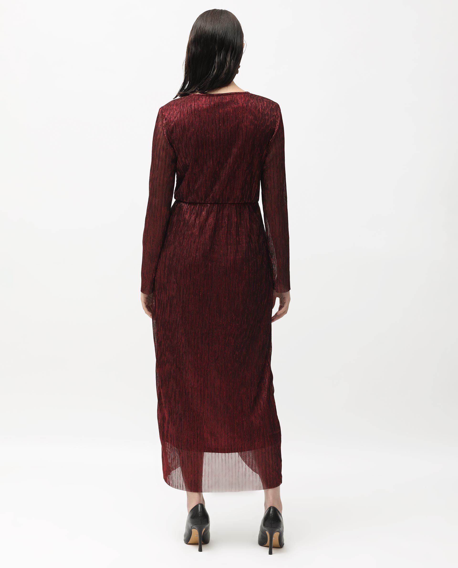 Rareism Women Siga Metallic Red Poly Lycra Fabric Full Sleeves Regular Fit Shimmer Maxi Empire Dress