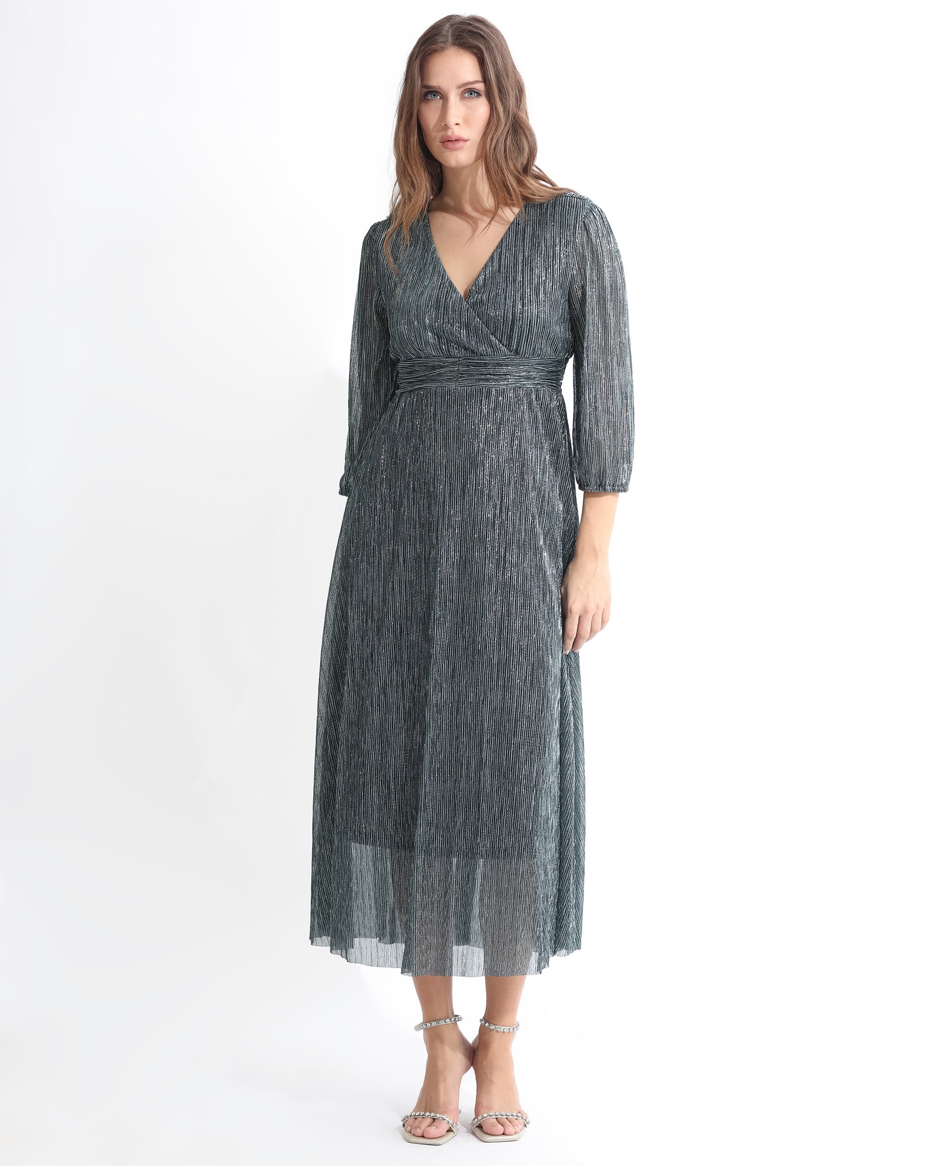 Rareism Women's Daso Metalic Silver Polyester Overlap Neck Shimmer Balloon Sleeve Maxi Fit And Flare Dress