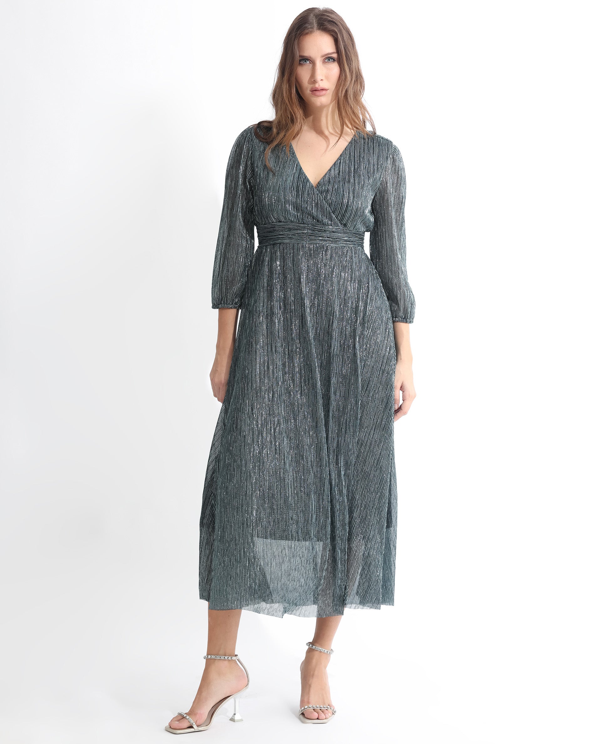 Rareism Women Daso Metallic Silver Polyester Fabric 3/4Th Sleeves Zip Closure Balloon Sleeve Fit And Flare Shimmer Maxi Empire Dress