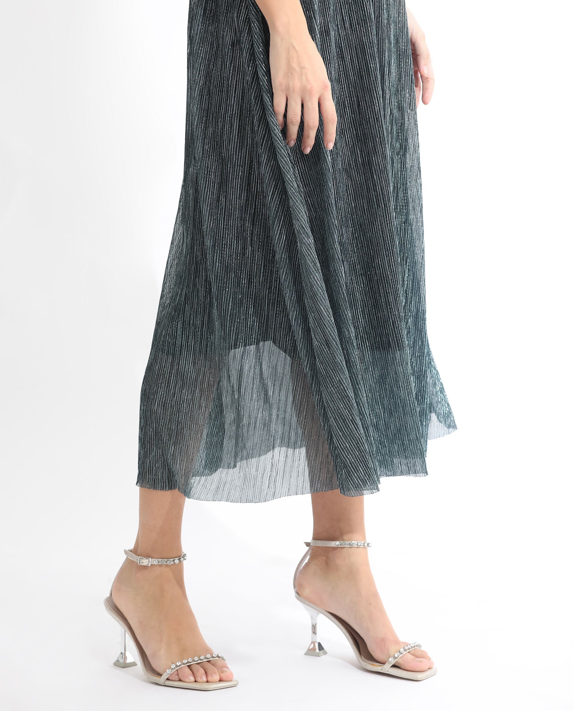 Rareism Women's Daso Metalic Silver Polyester Overlap Neck Shimmer Balloon Sleeve Maxi Fit And Flare Dress