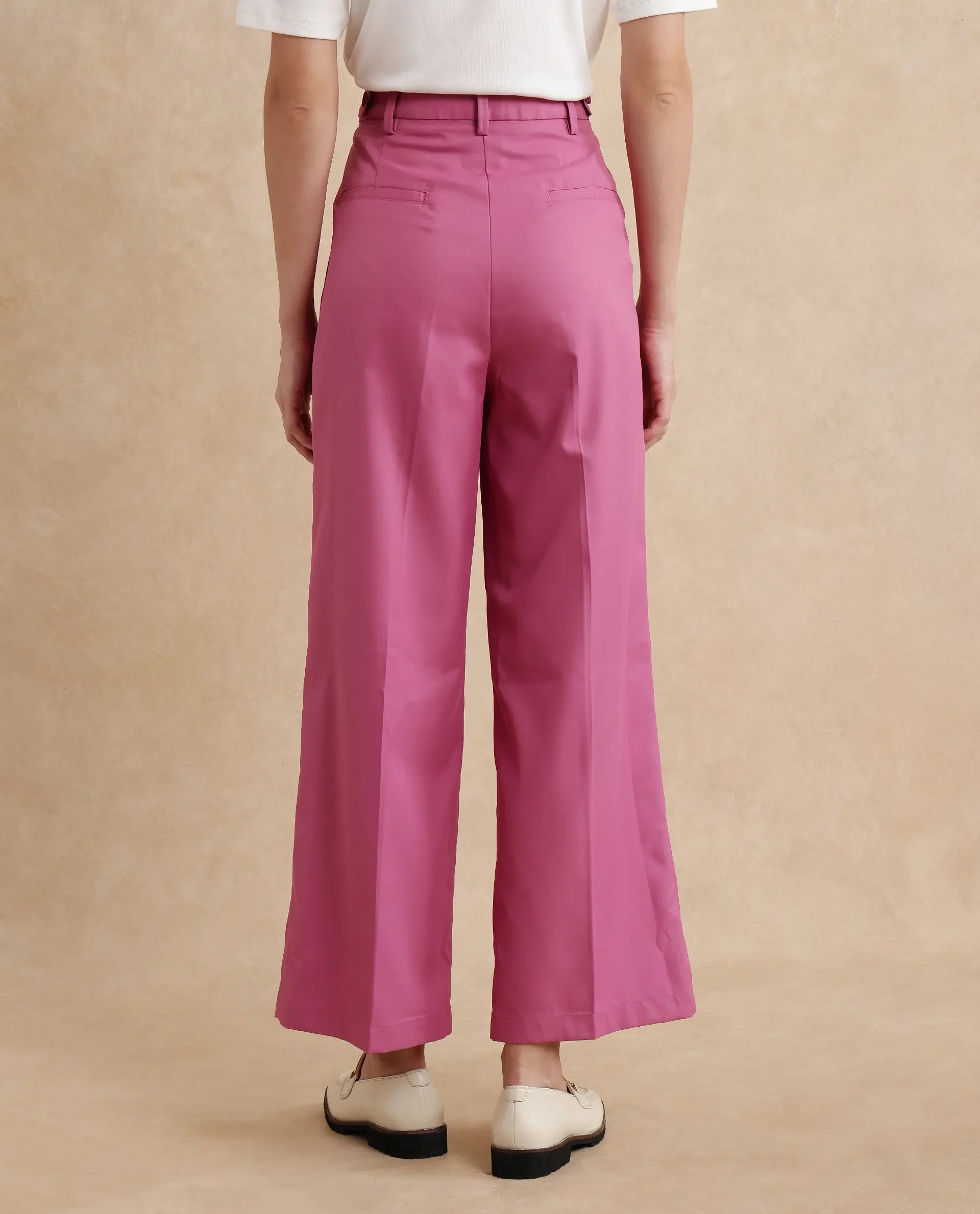 Rareism Women's Simany Pink Polyester Blend Plain Ankle Length Wide Trouser