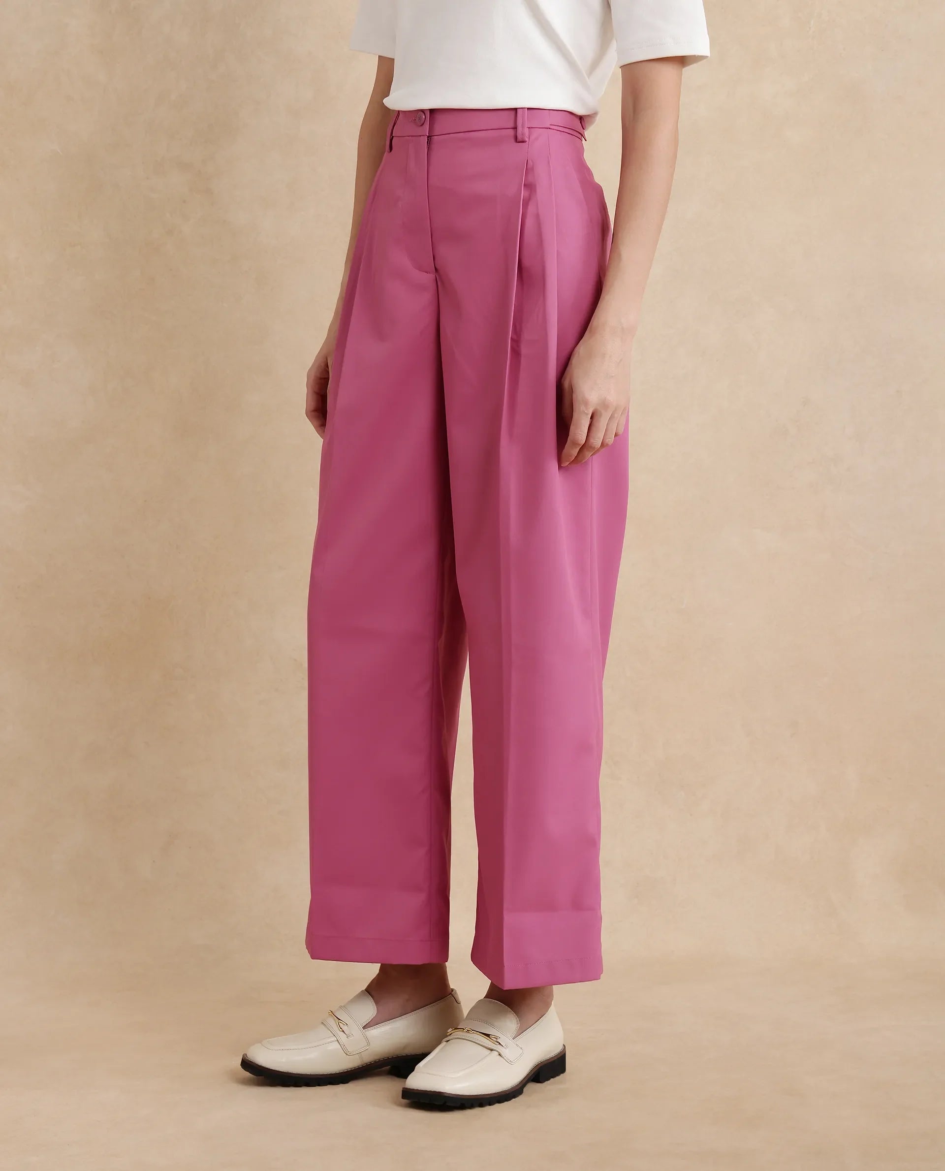 Rareism Women's Simany Pink Polyester Blend Plain Ankle Length Wide Trouser