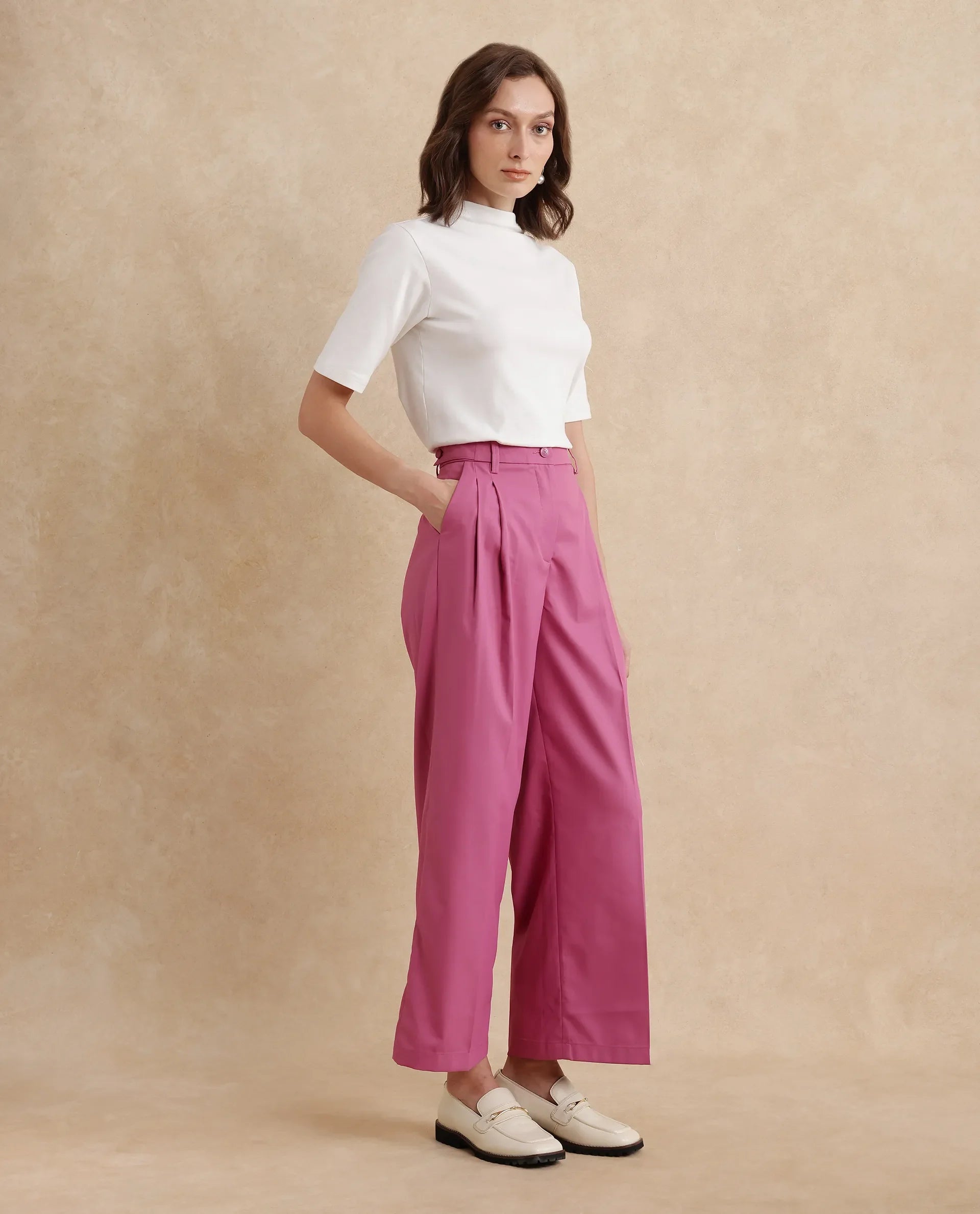 Rareism Women's Simany Pink Polyester Blend Plain Ankle Length Wide Trouser