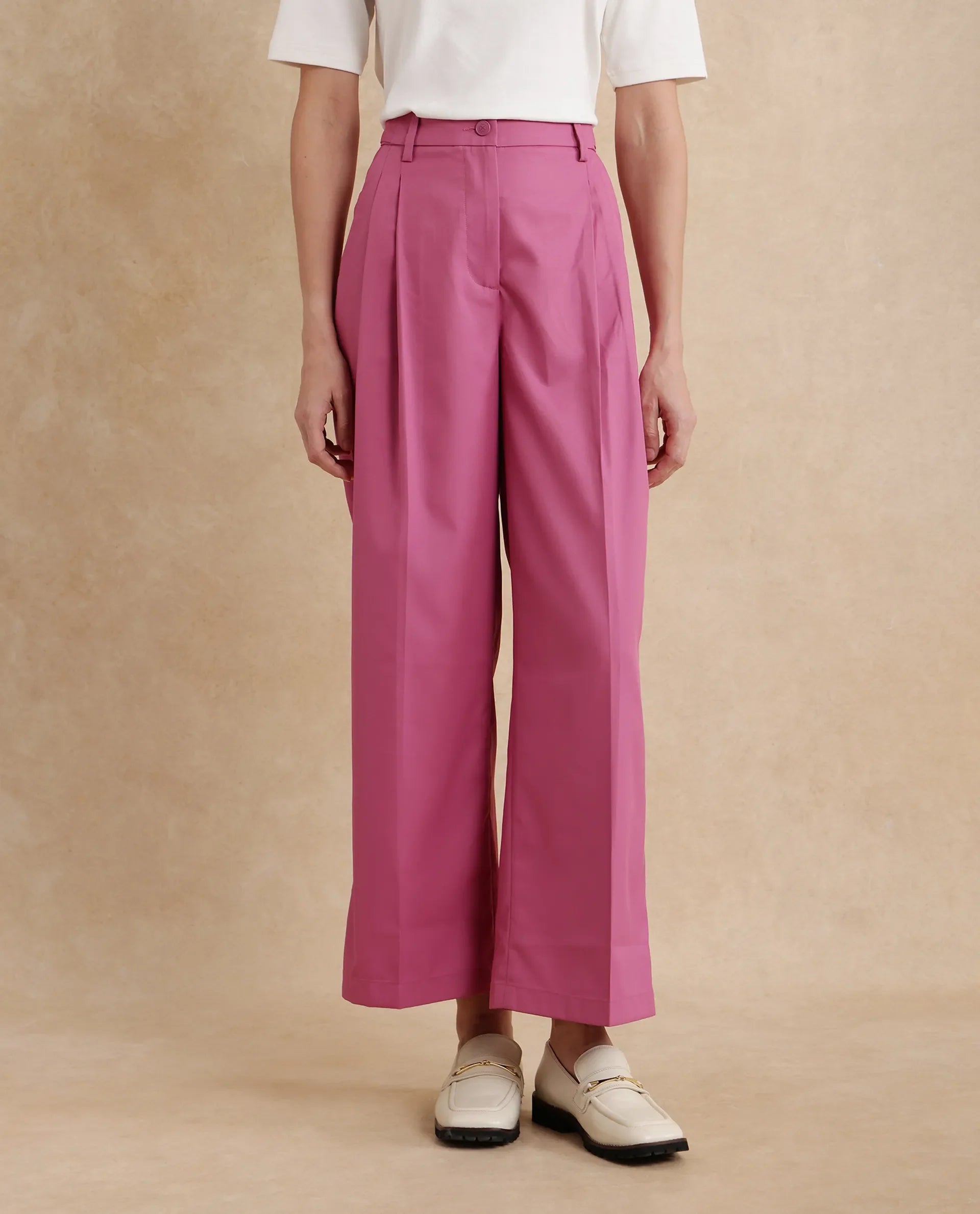 Rareism Women Simany Pink Button Closure Wide Fit Ankle Length Plain Trouser