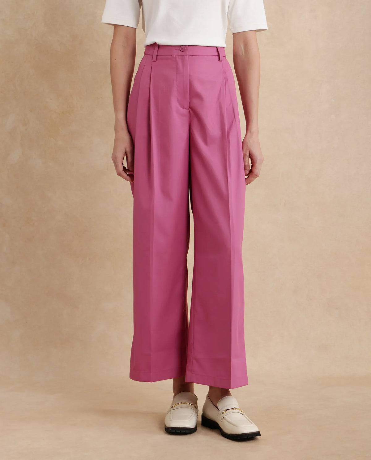 Rareism Women Simany Pink Button Closure Wide Fit Ankle Length Plain Trouser