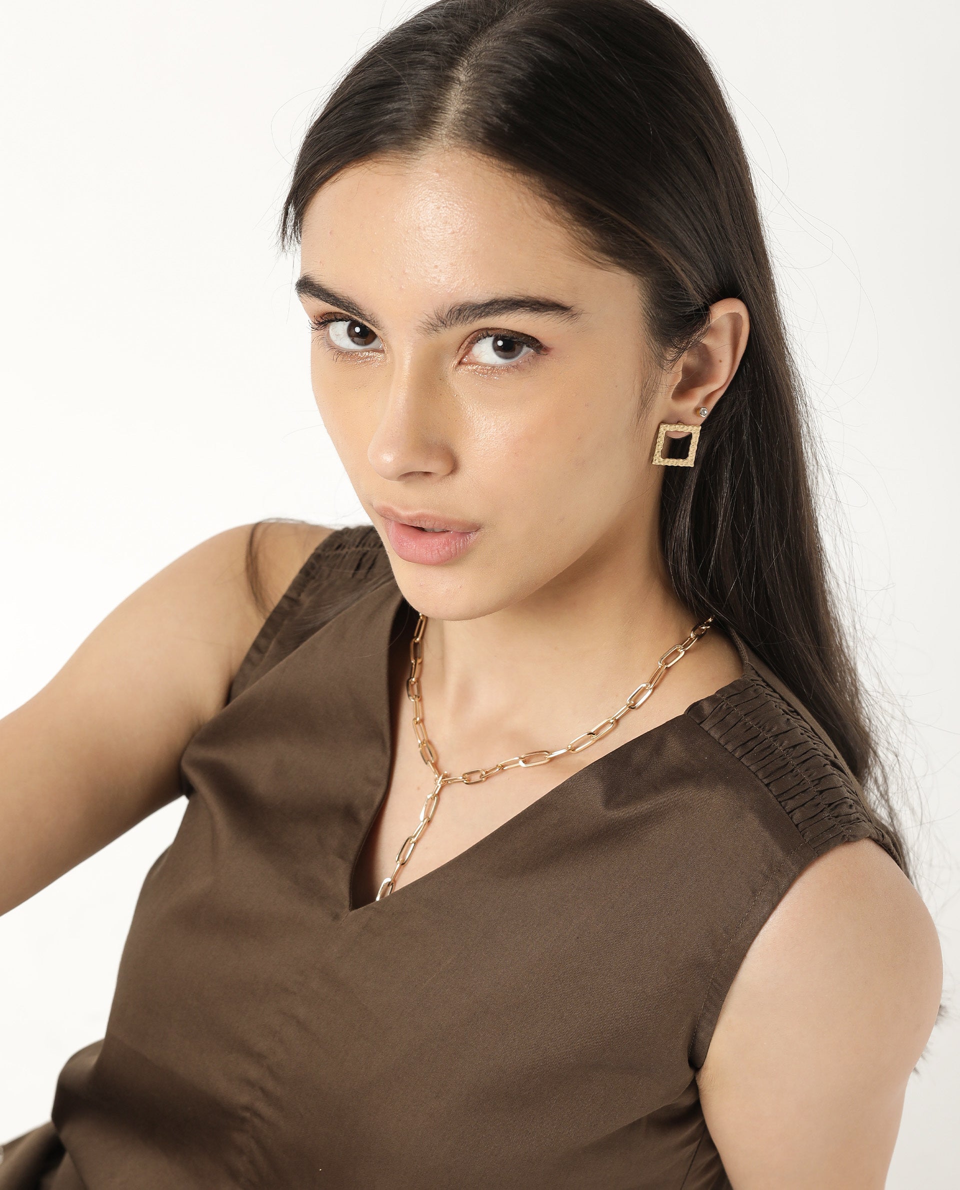 Rareism Women's Simi Brown Cotton V-Neck Plain Sleeveless Regular Fit Top