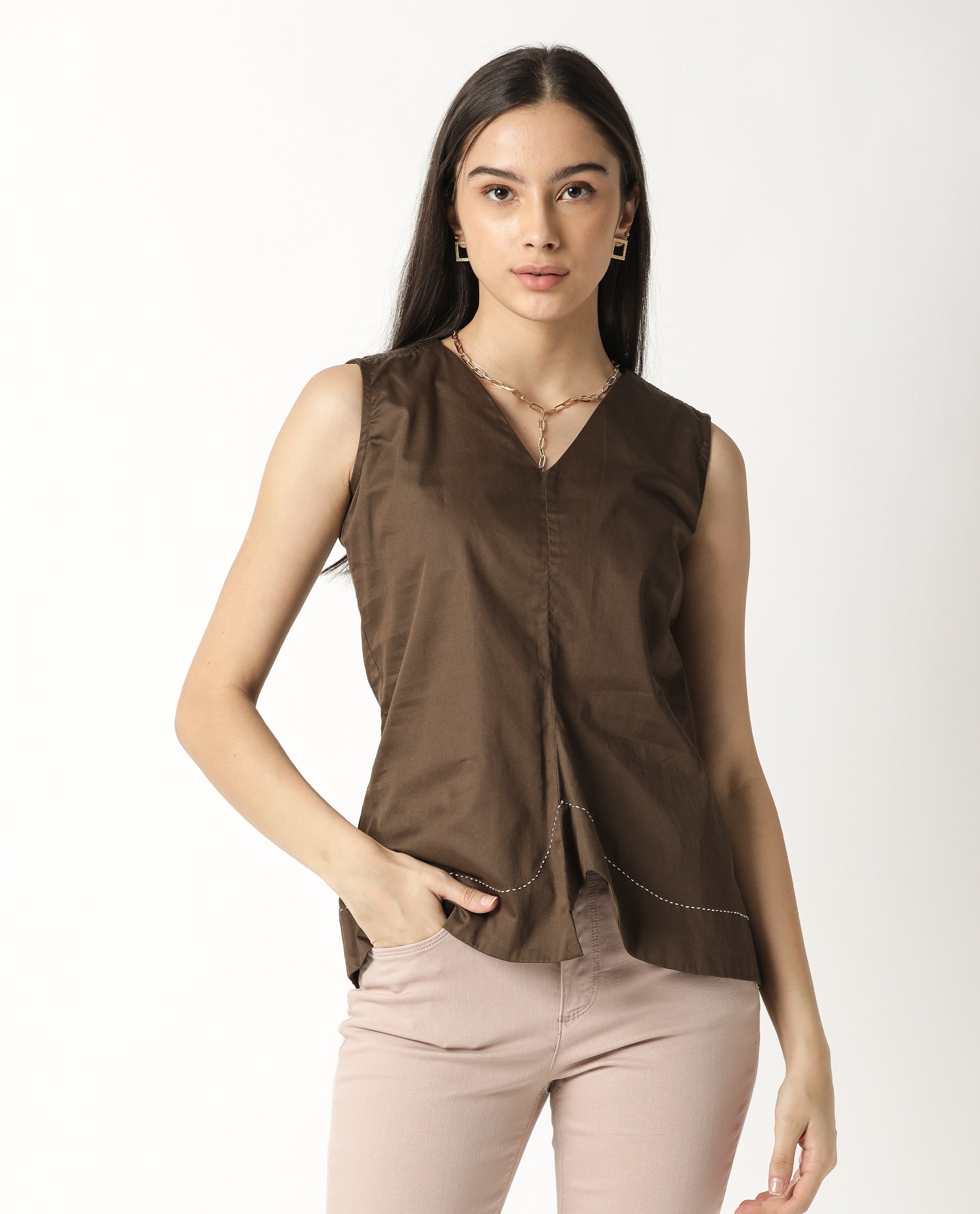 Rareism Women's Simi Brown Cotton V-Neck Plain Sleeveless Regular Fit Top