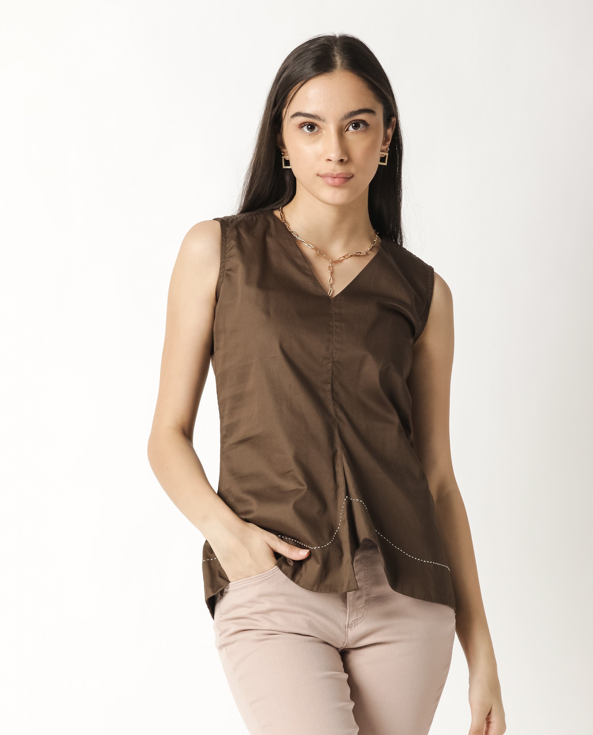 Rareism Women's Simi Brown Cotton V-Neck Plain Sleeveless Regular Fit Top
