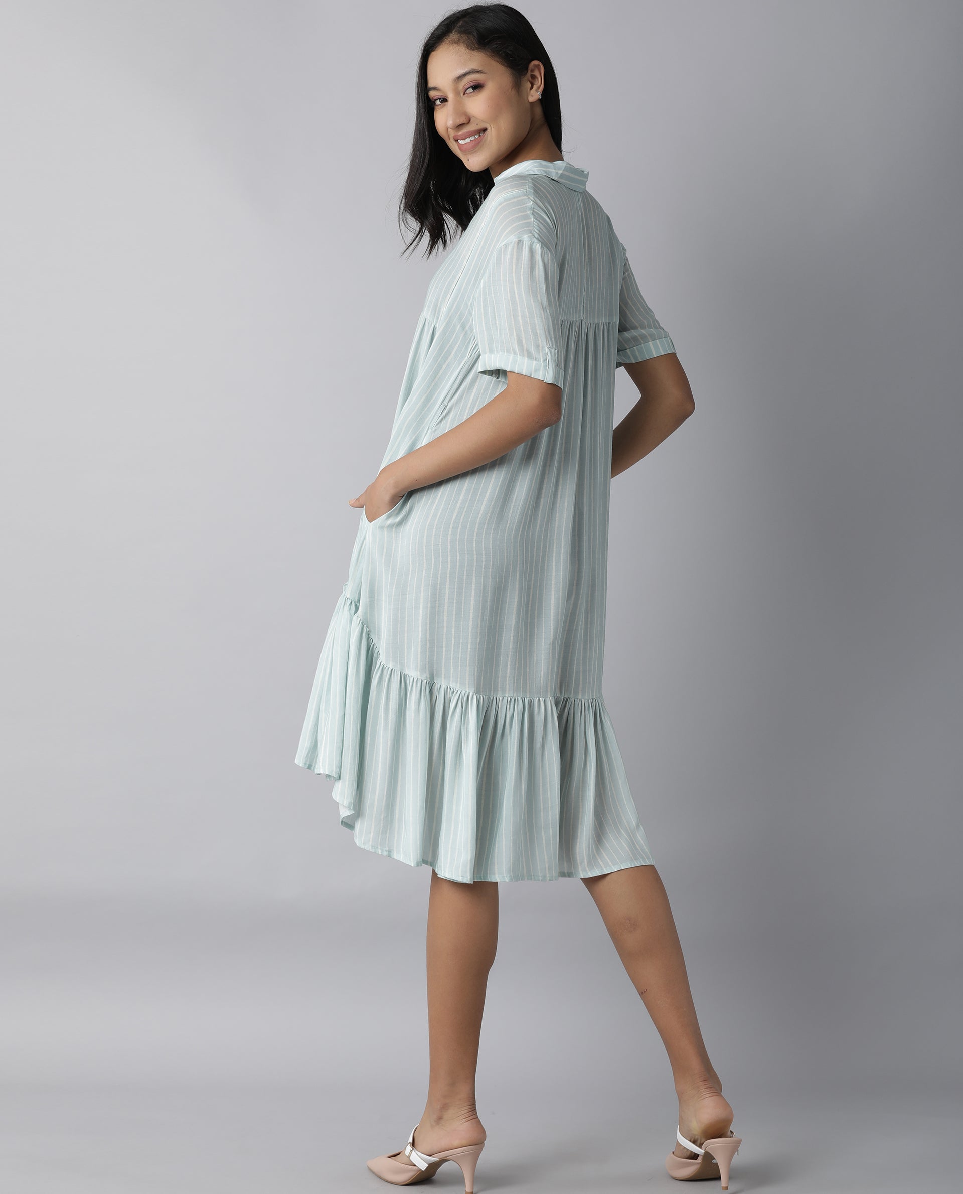 Rareism Women Simmer Blue Dress Short Sleeves Printed