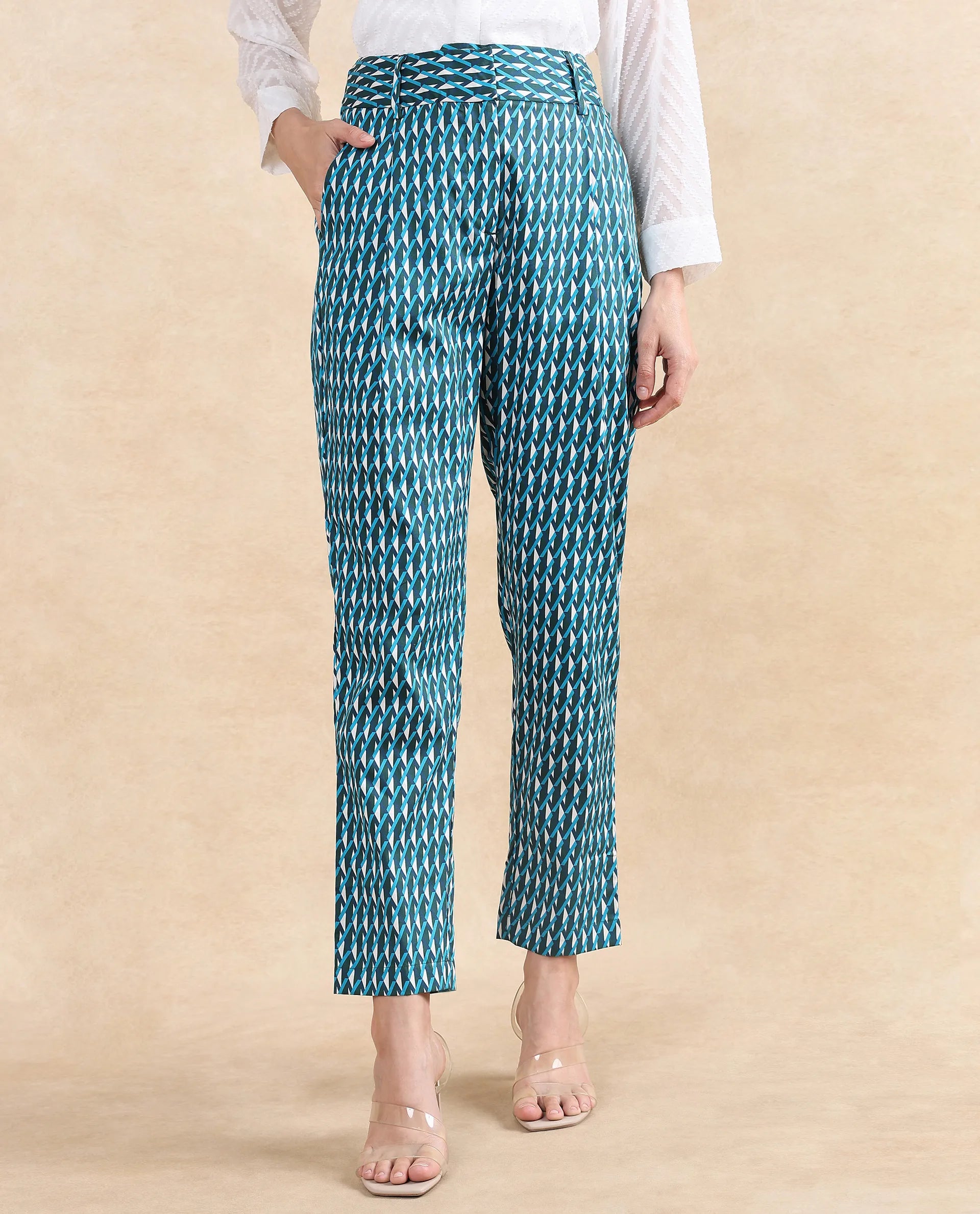 Rareism Women's Simple Multi Cotton Geometric Print Ankle Length Tapered Trouser